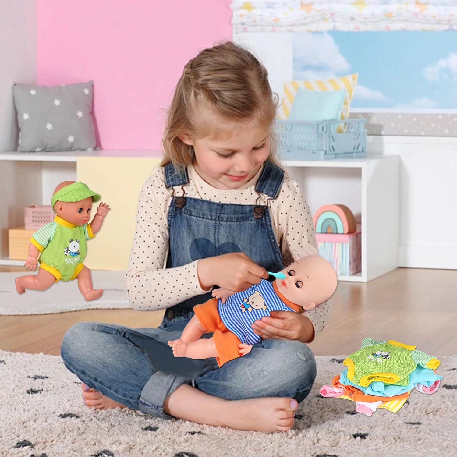 Young Buds 5 Piece Baby Doll Clothing Set with Feeding Bottle