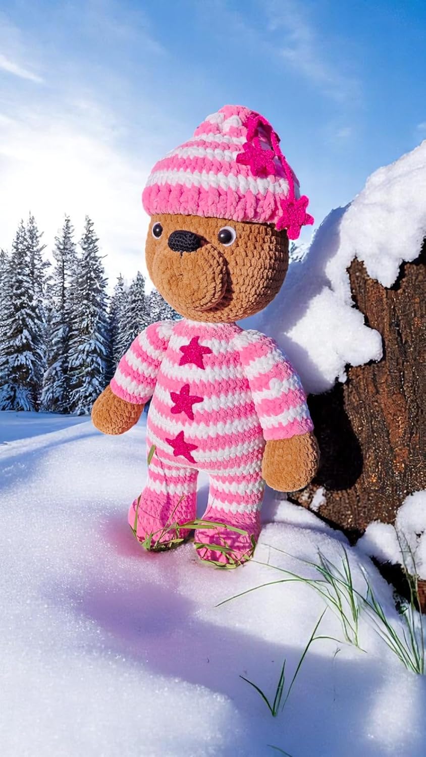 Handmade Crochet Teddy Bear Pink Outfit Plush Stuffed Toy