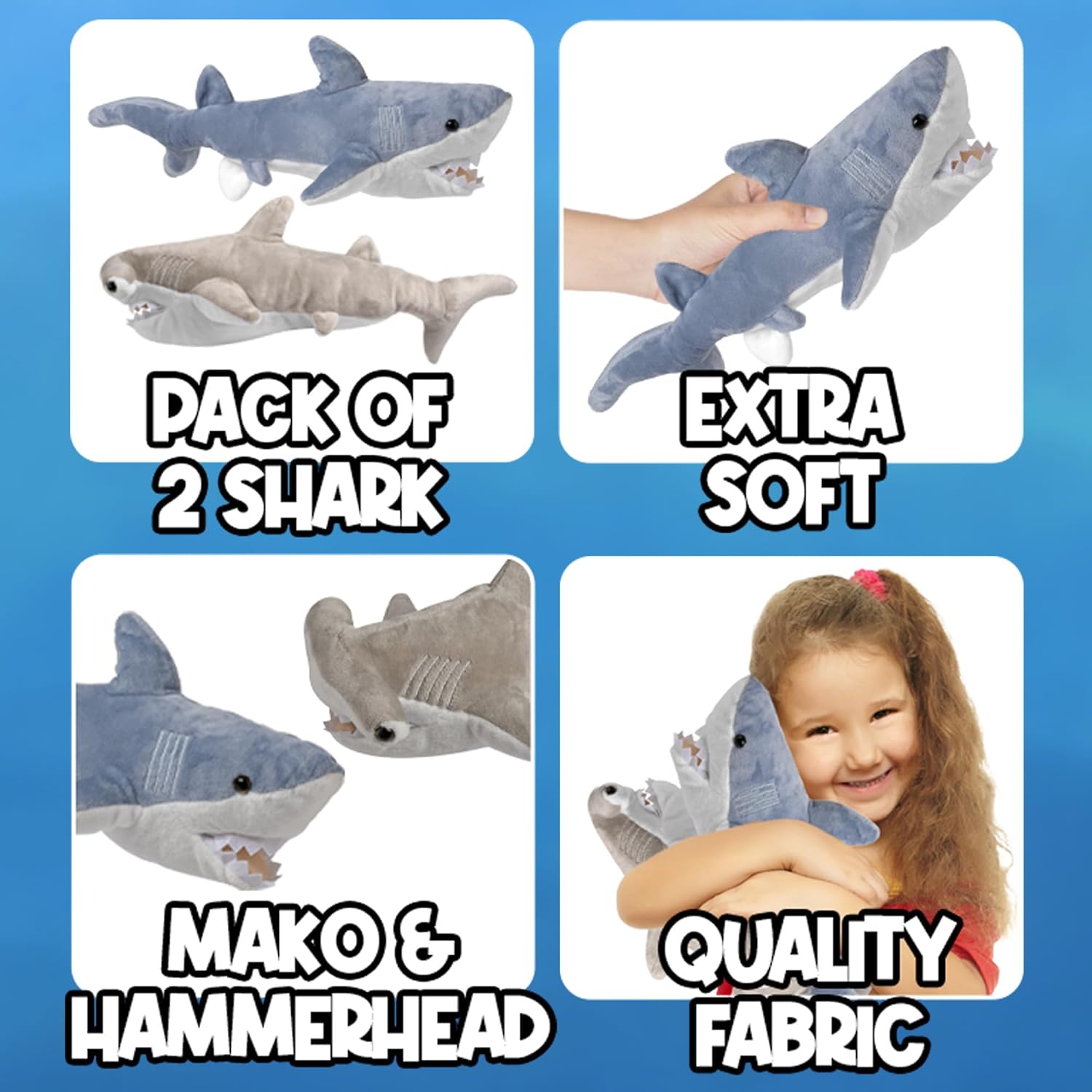 Bedwina Stuffed Animal Sharks - Pack of 2 14 Mako 13 Hammerhead Plush Toys