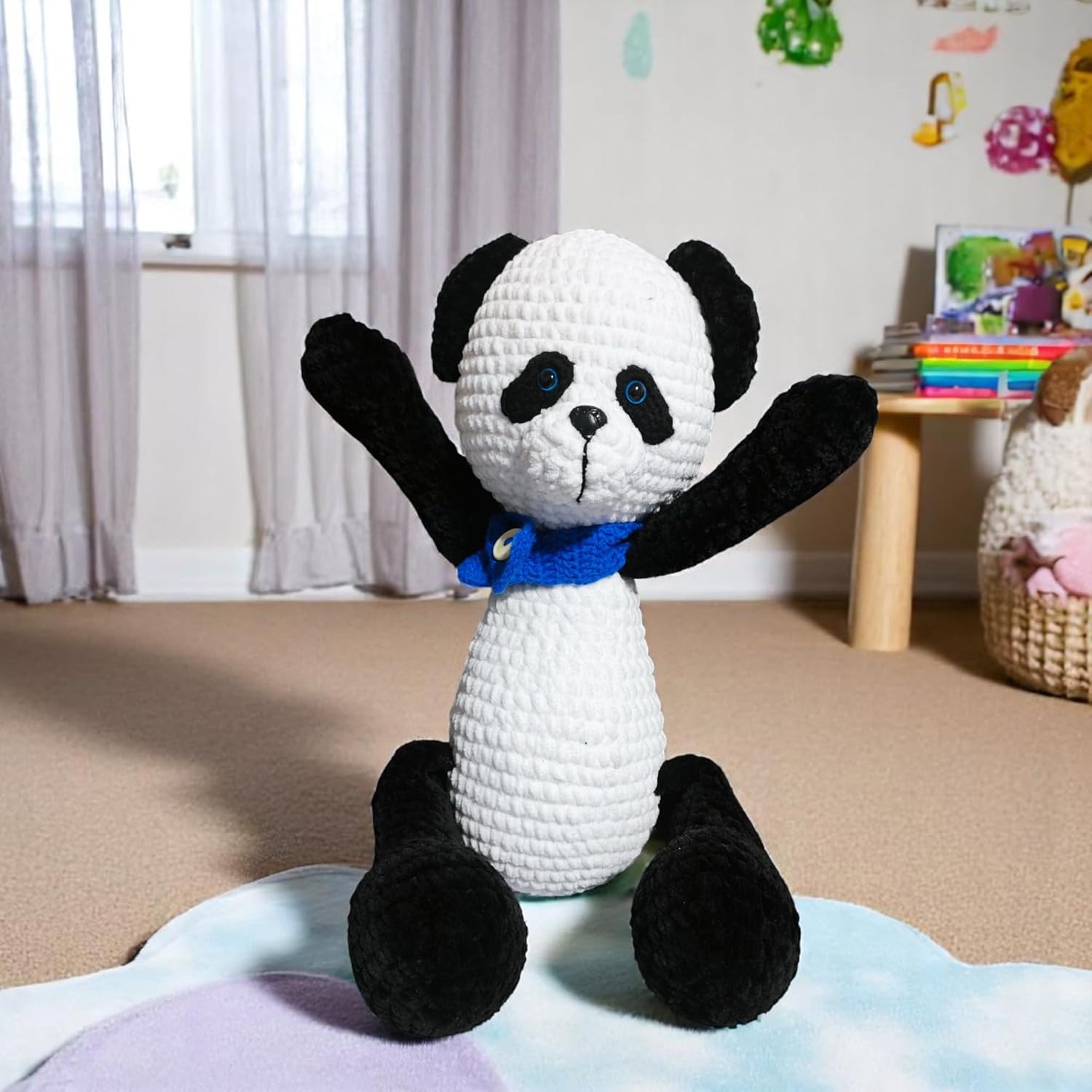 Handmade Crochet Panda Bear with Blue Scarf