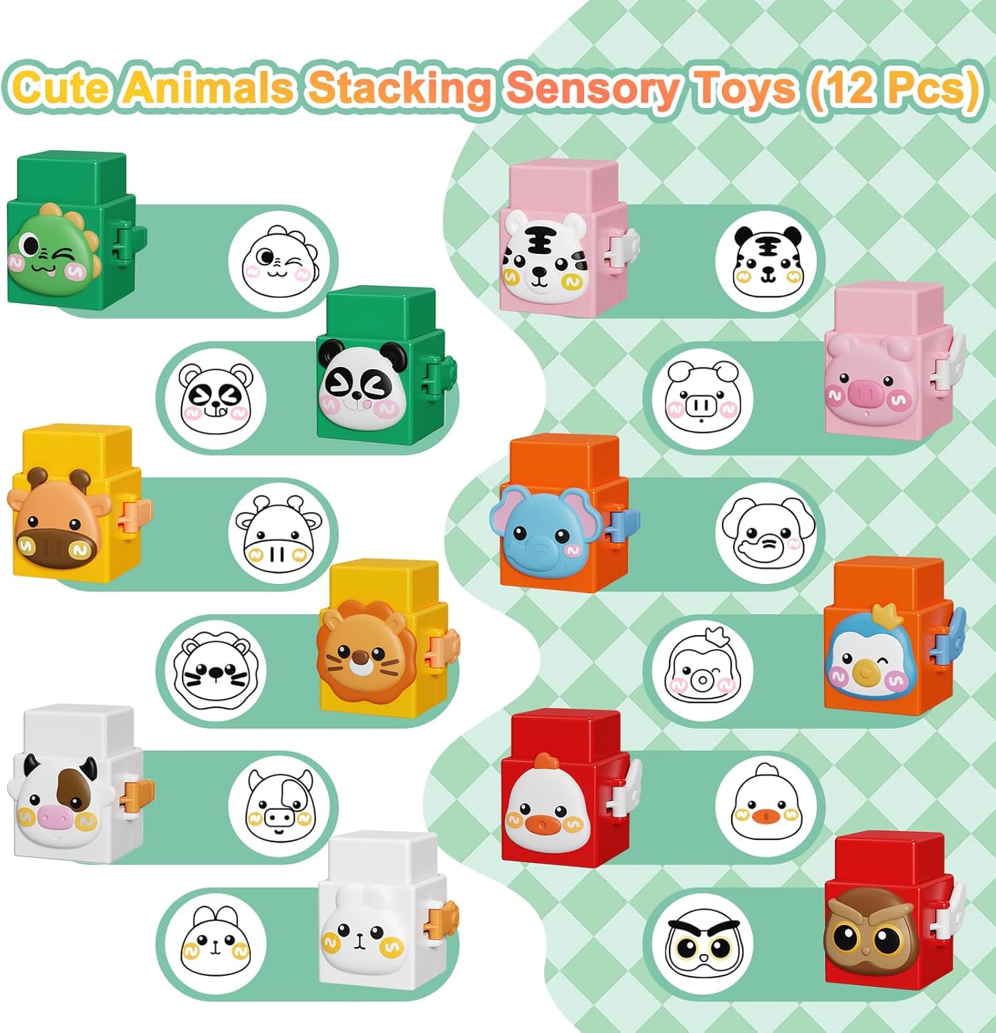 BLNOS 12 PCS Pressable Animal Stacking Blocks