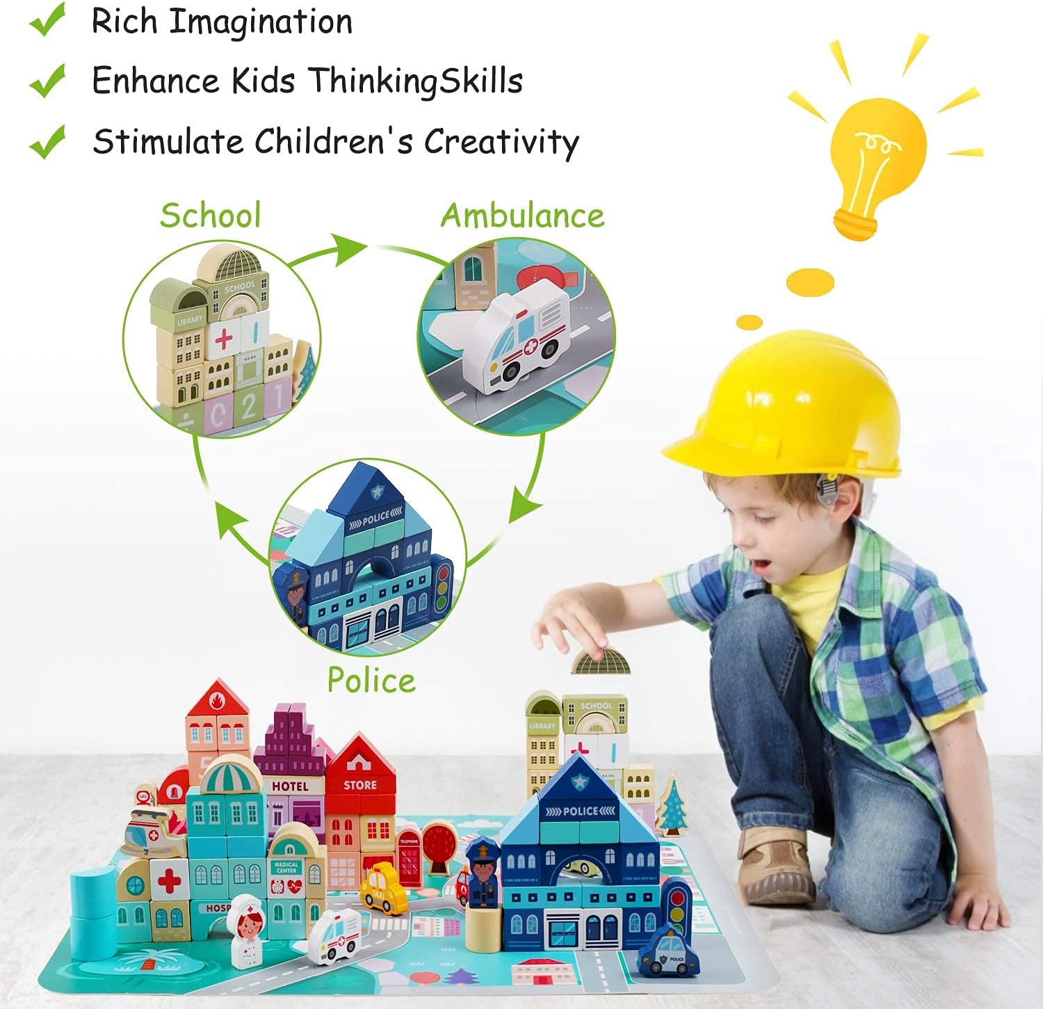 LENNYSTONE Wooden Blocks Set 120pcs City Construction Toy
