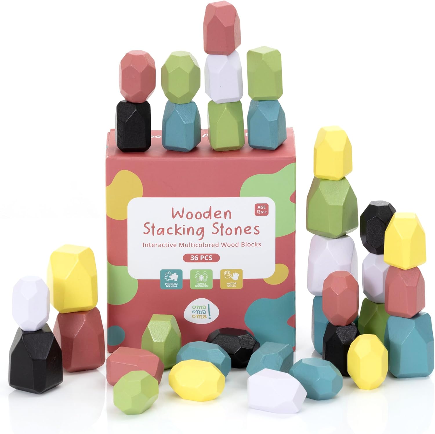 36 PCS Wooden Stacking Rocks for Kids