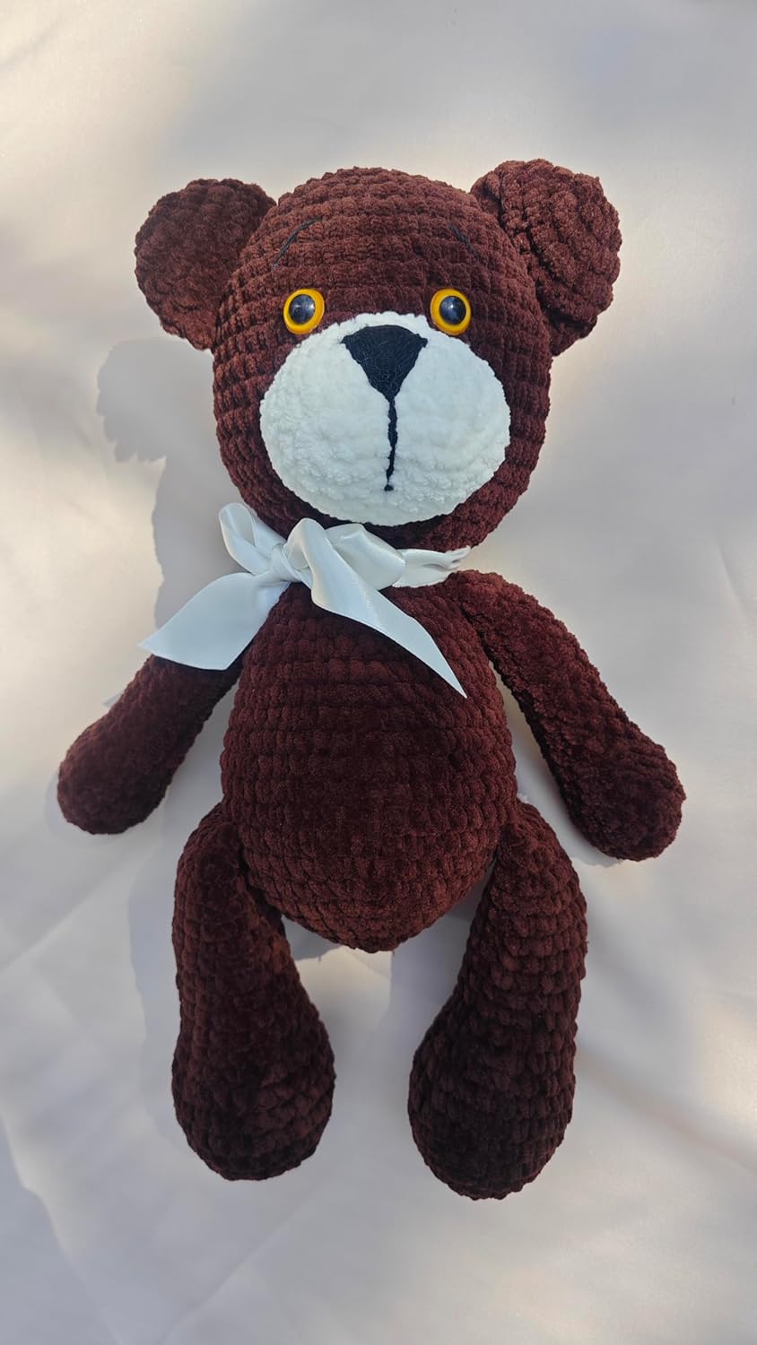 Dark Brown Crochet Teddy Bear with White Bow