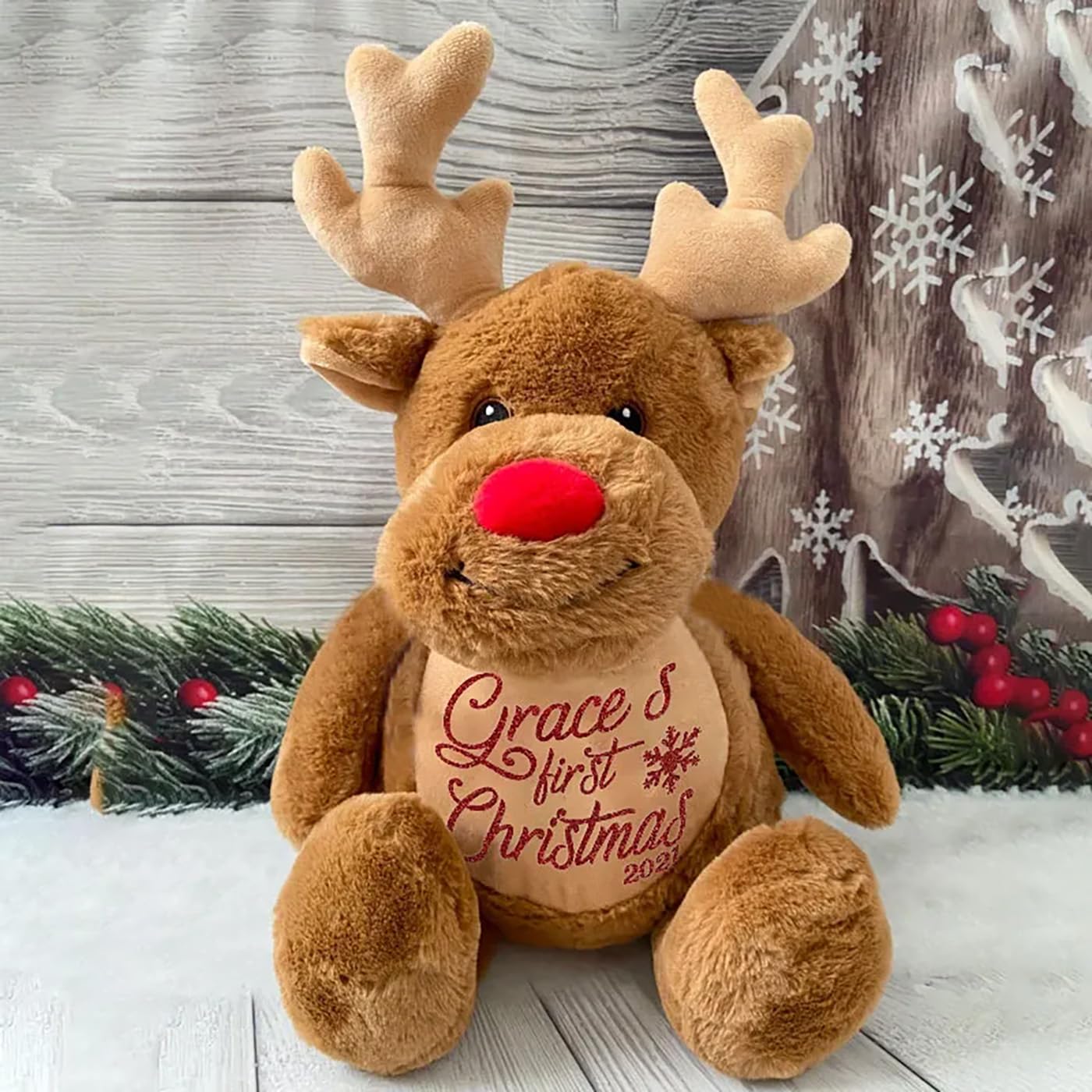 Personalized Baby Christmas Teddy Bear with Santa Hat and Reindeer Plush Toy