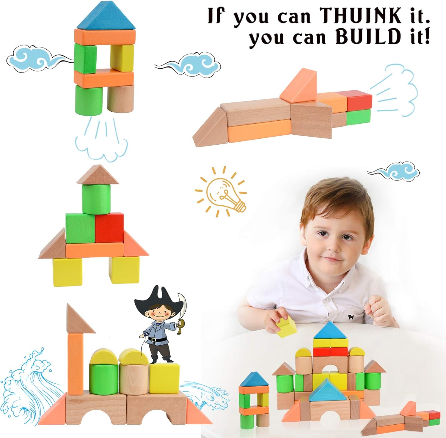 Migargle 32-Pc Wooden Stacking Blocks Set for Toddlers