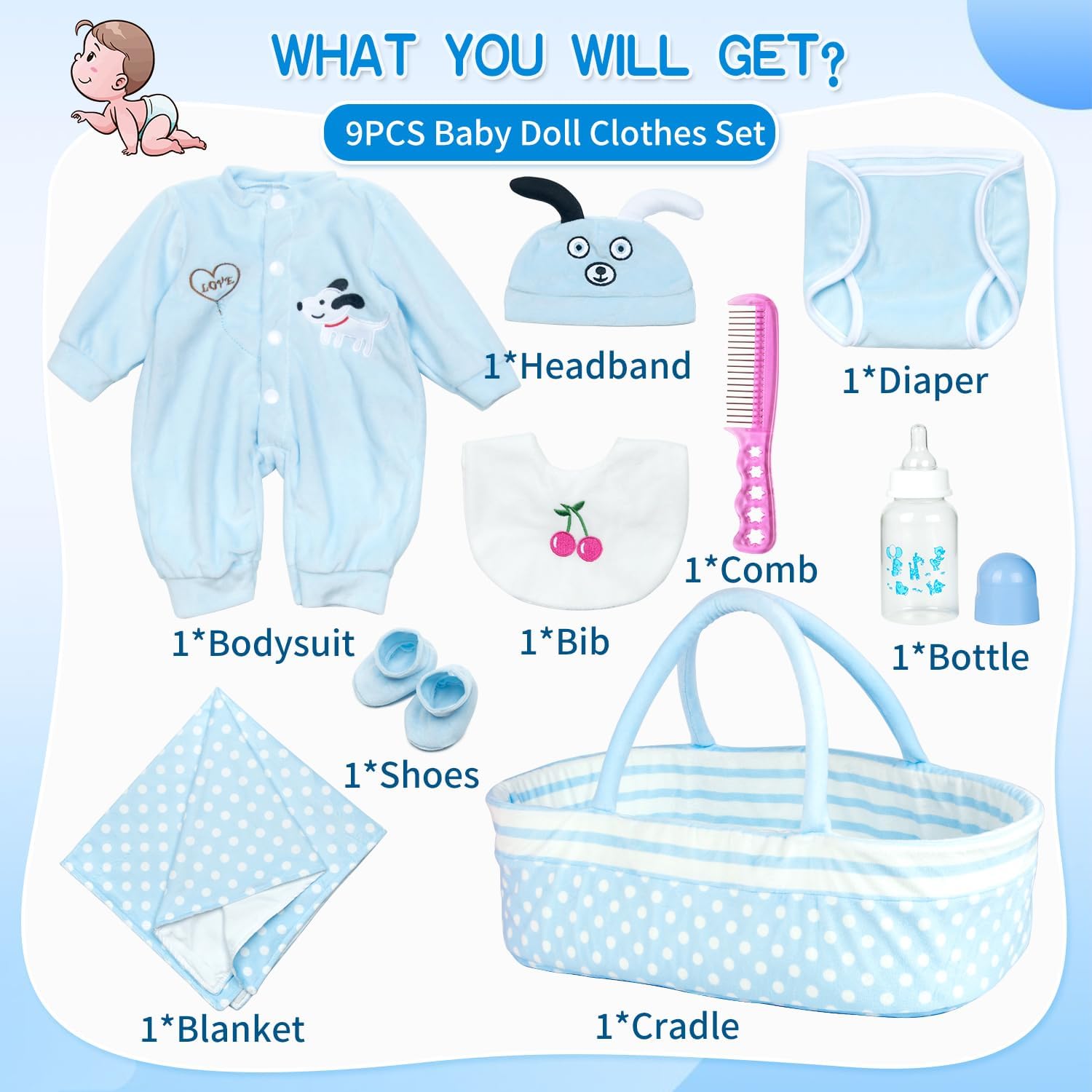 Pedolltree Reborn Baby Doll 9 Pcs Blue Puppy Outfit Set
