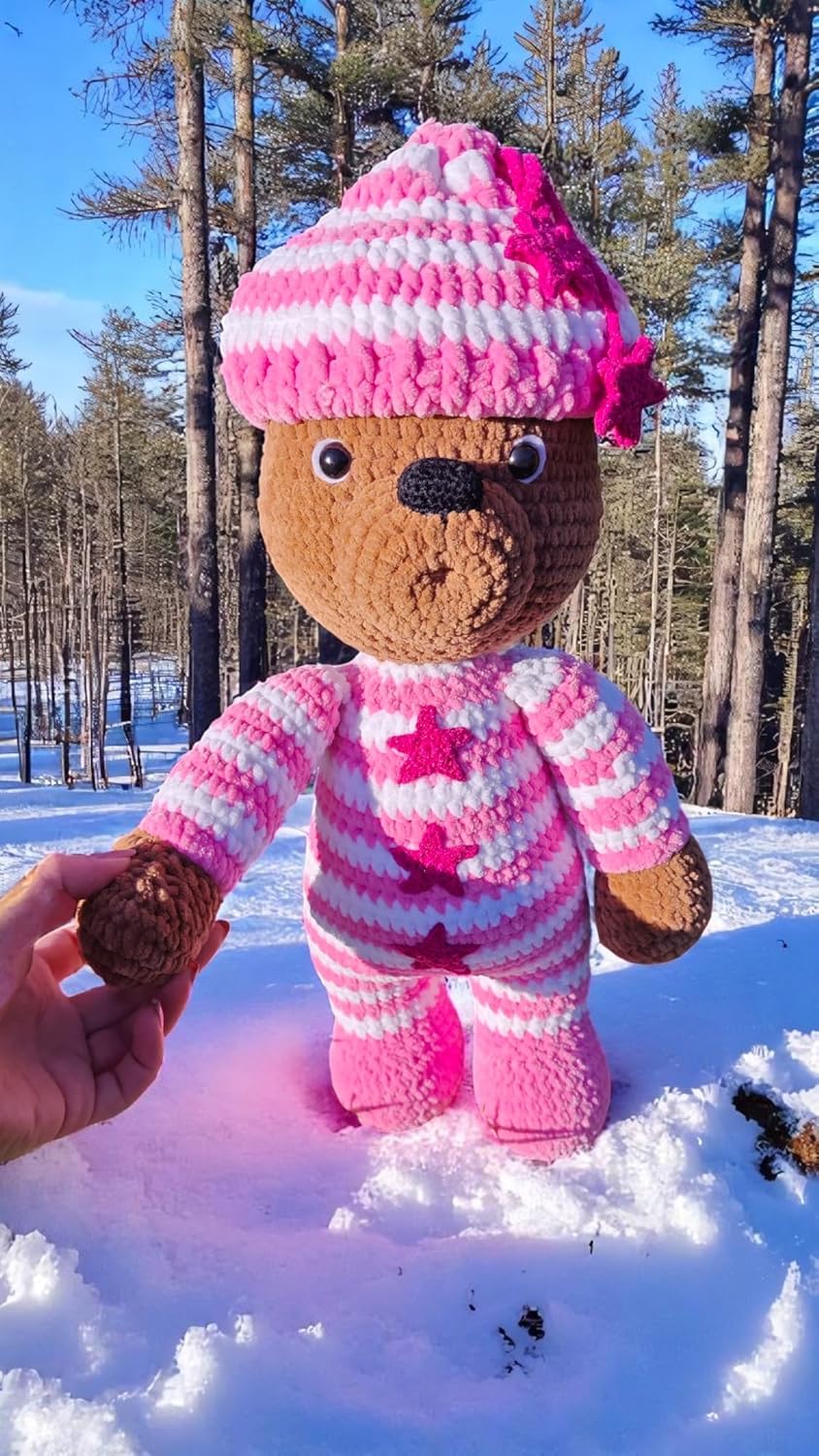 Handmade Crochet Teddy Bear Pink Outfit Plush Stuffed Toy