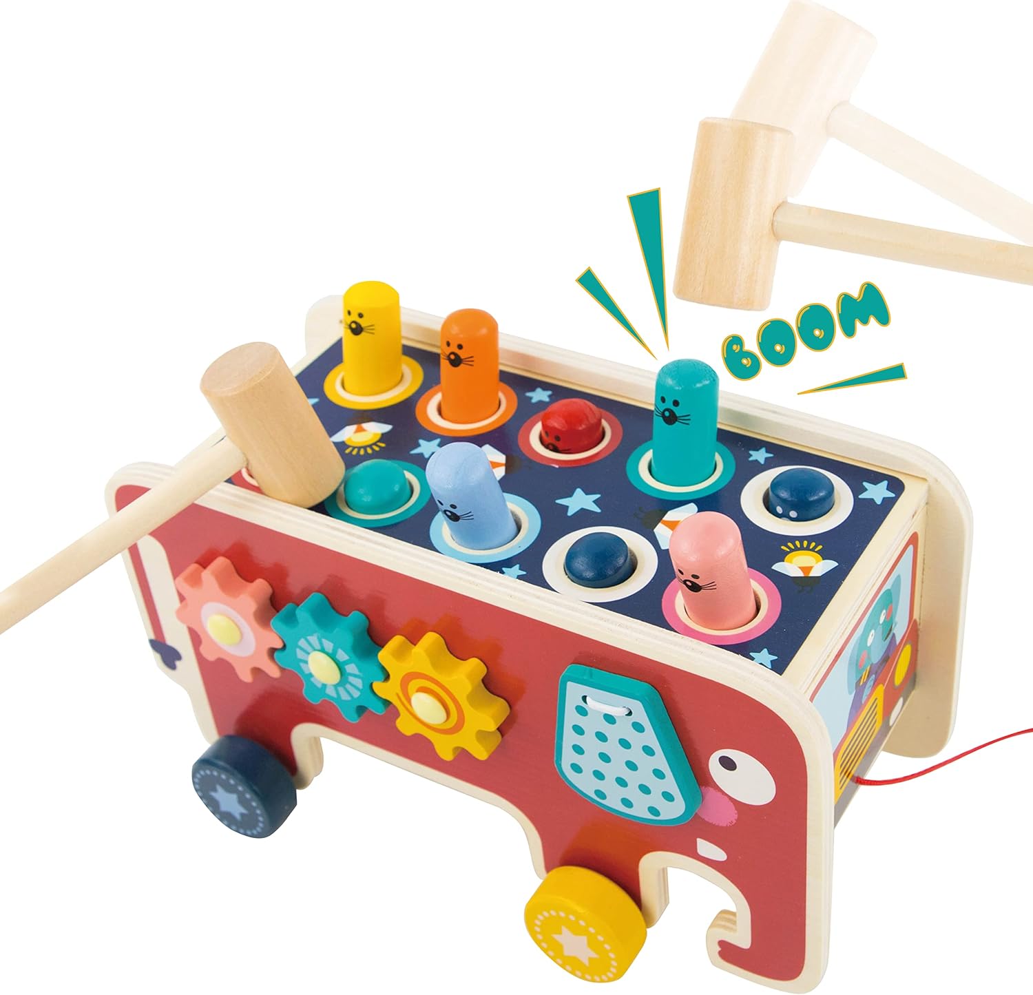 Evmark Wooden Hammer Knocker Toy - Elephant On Wheels with Counting and Whacking