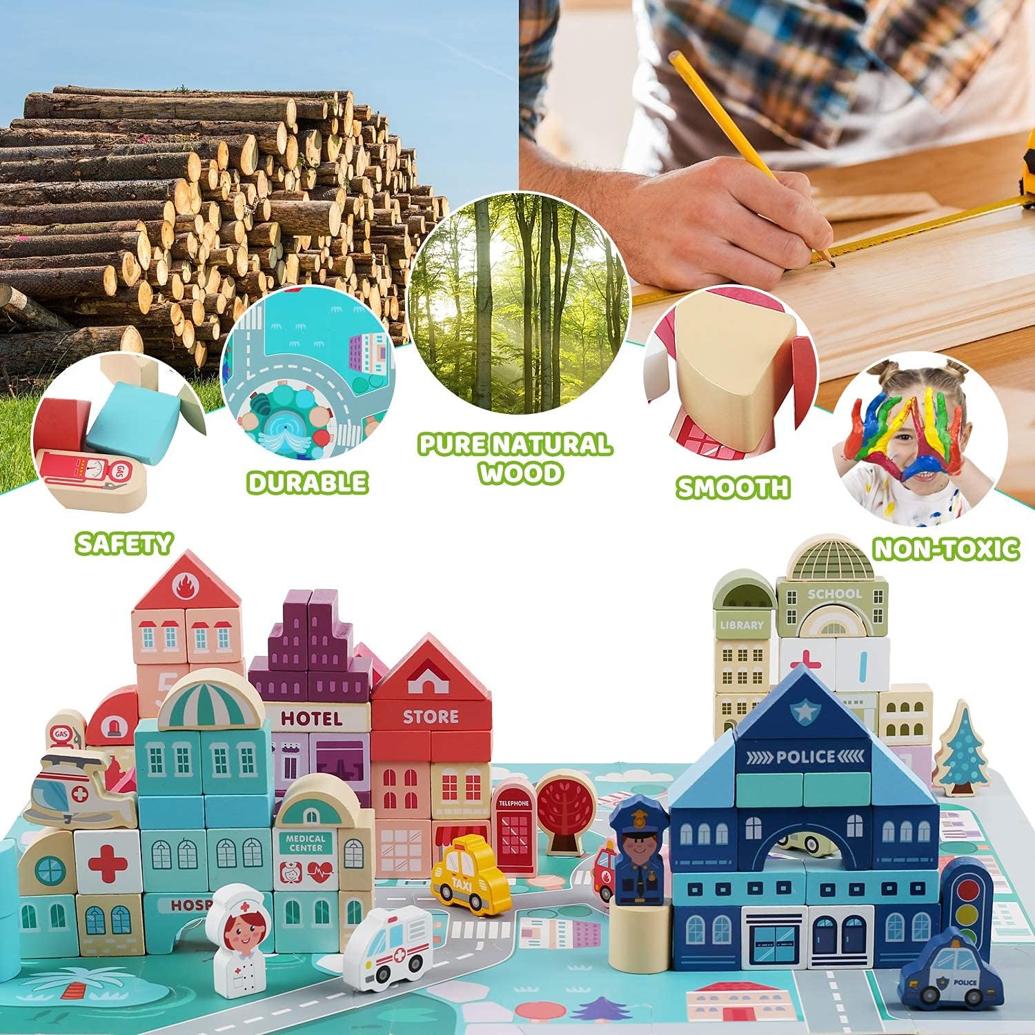 LENNYSTONE Wooden Blocks Set 120pcs City Construction Toy