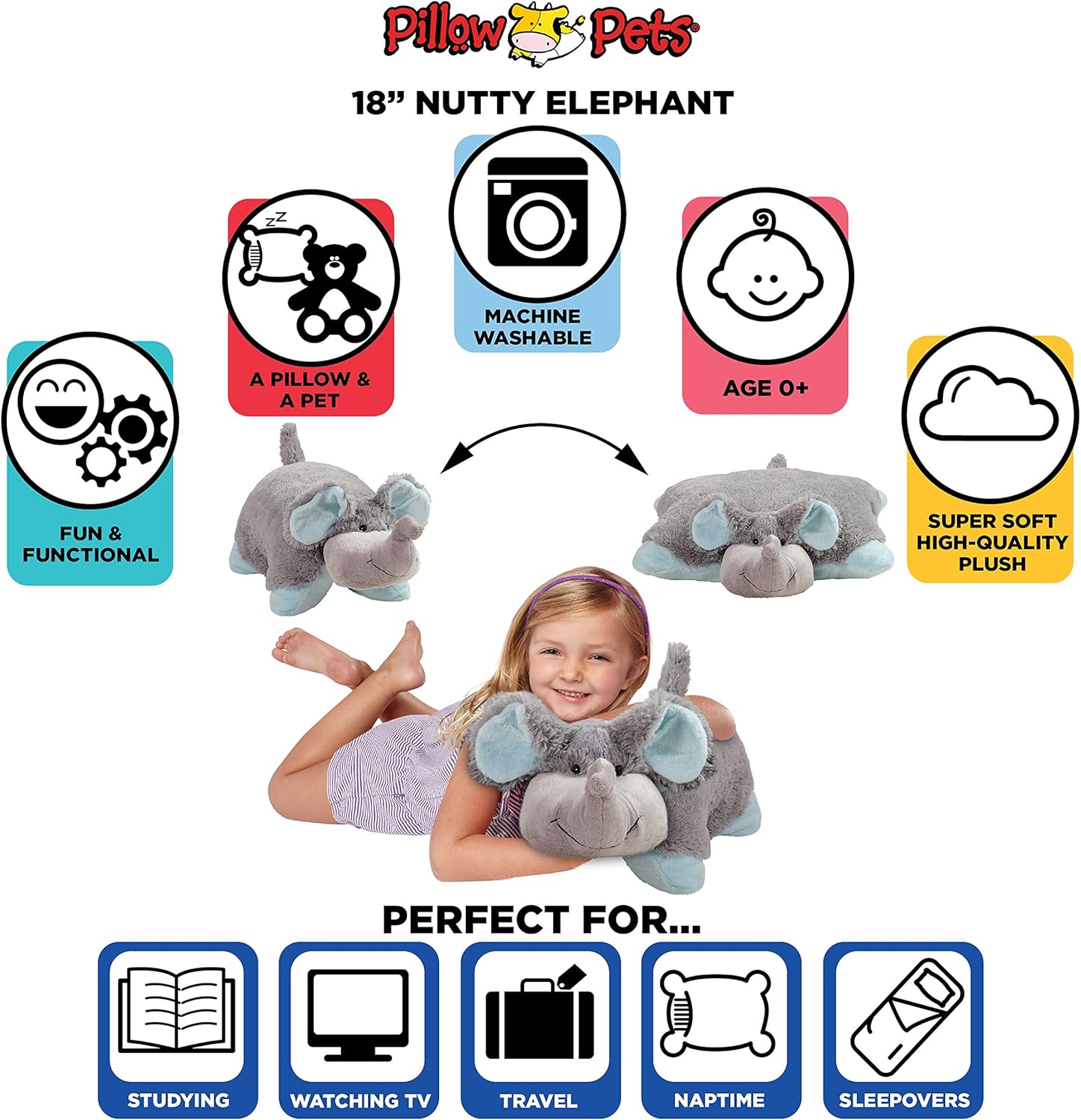 Pillow Pets Nutty Elephant 18 Plush Toy Grey