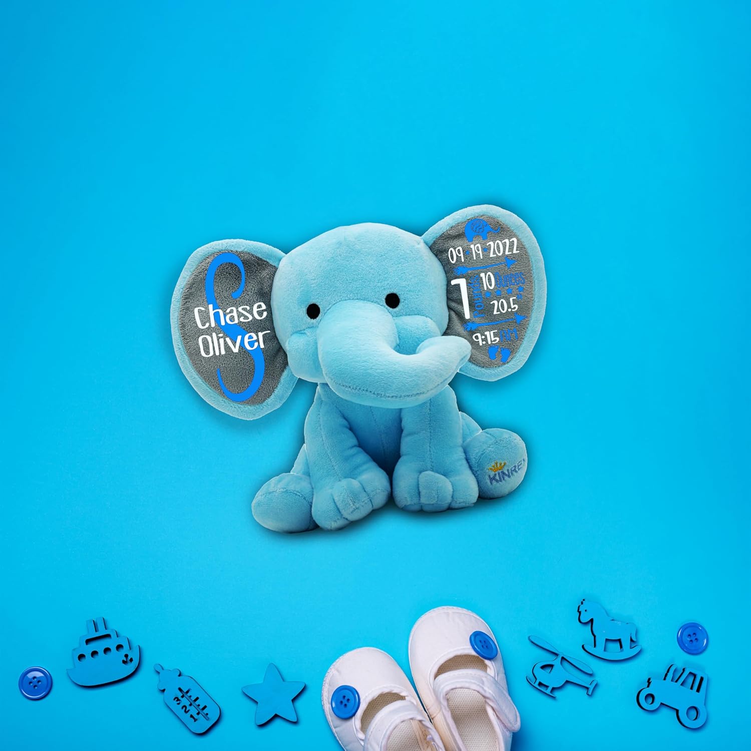 Personalized Blue Elephant Stuffed Animal - 9 Inch Baby Keepsake