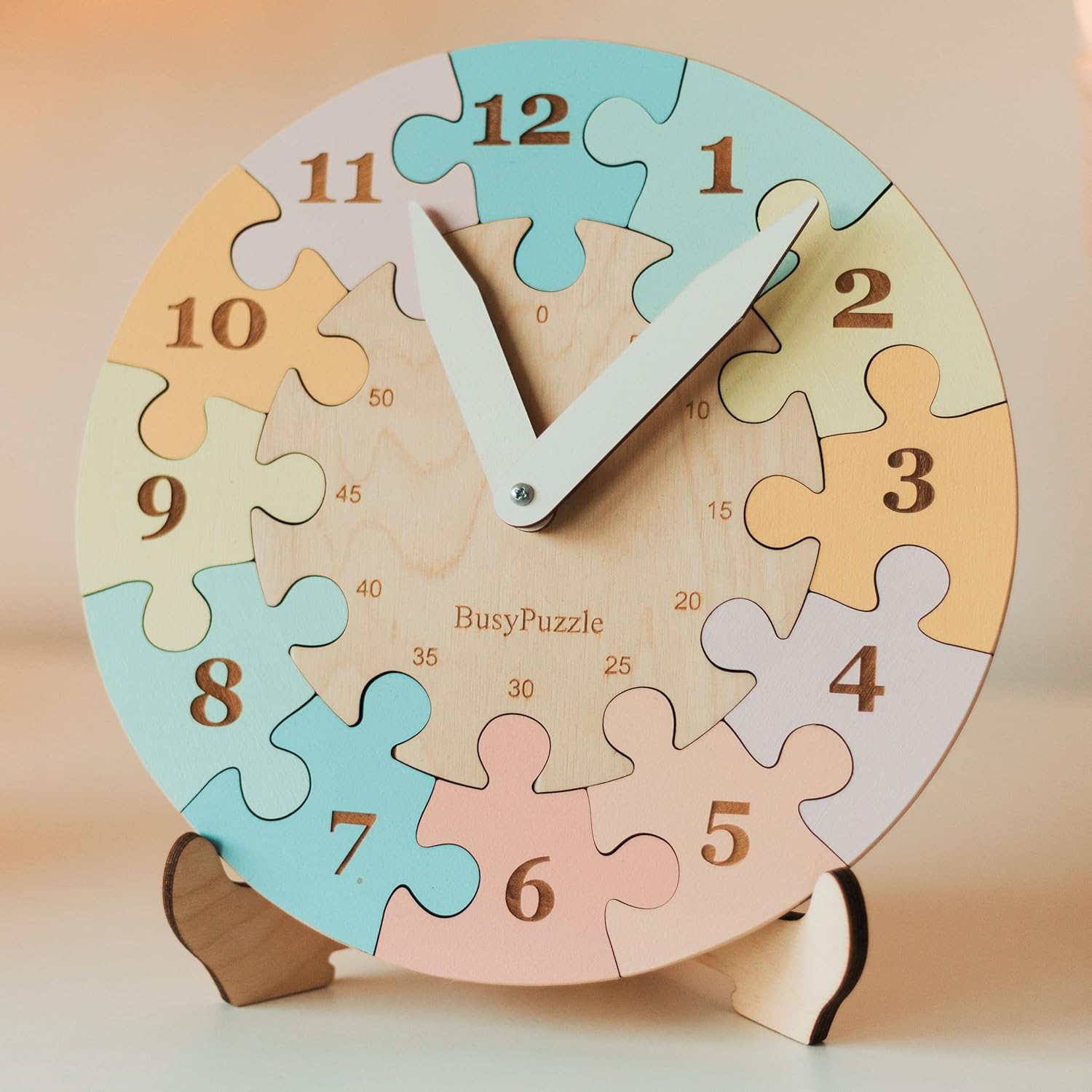 Wooden Montessori Clock Puzzle with Rainbow Colors