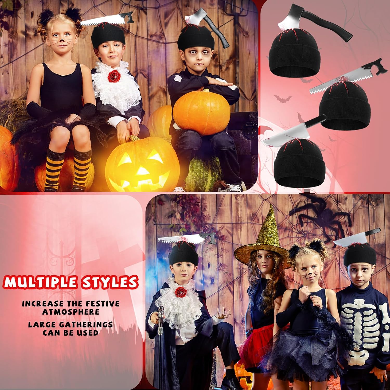 Suhine 3 Pcs Halloween Zombie Knife Hat with Blood