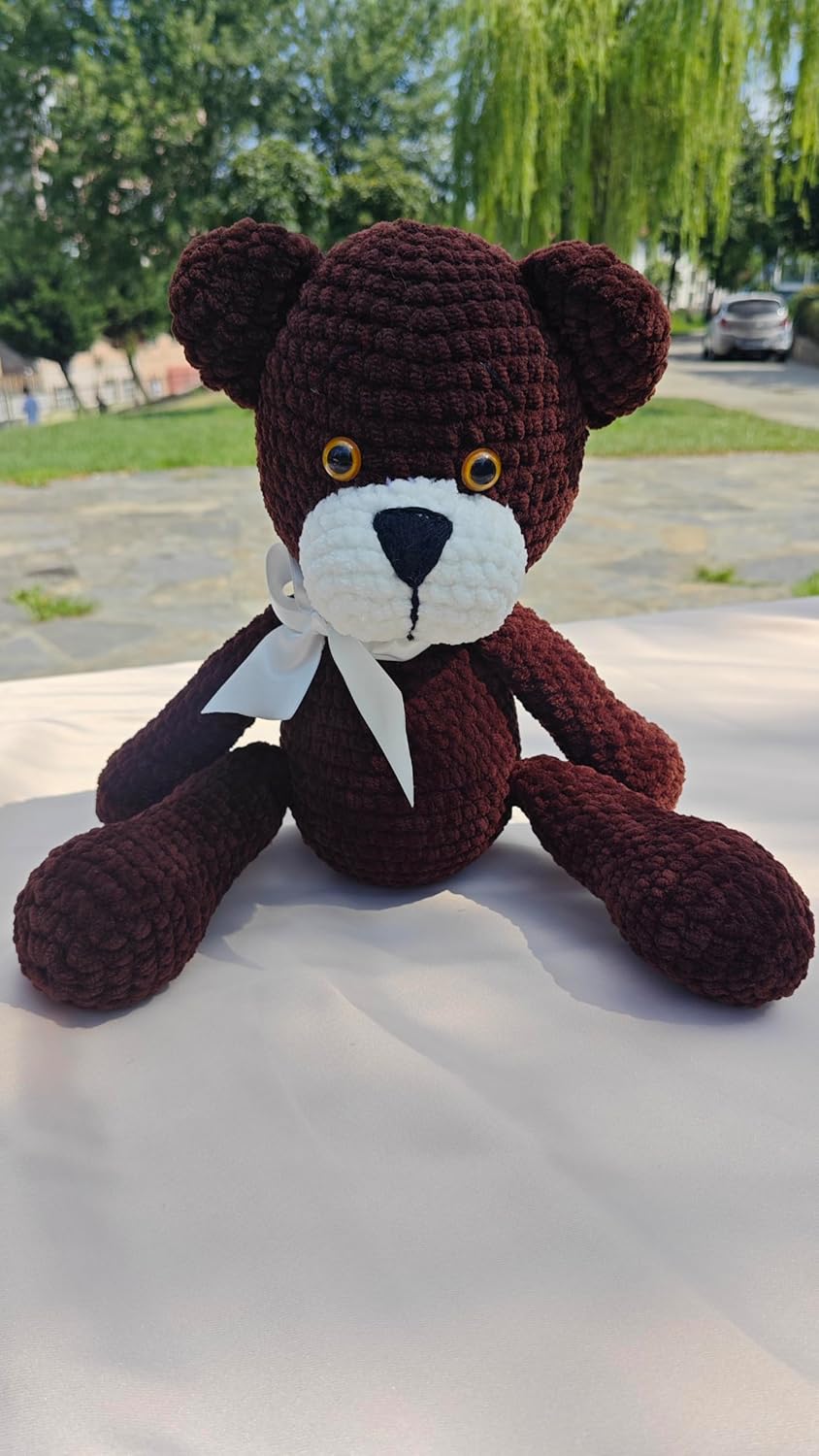 Dark Brown Crochet Teddy Bear with White Bow
