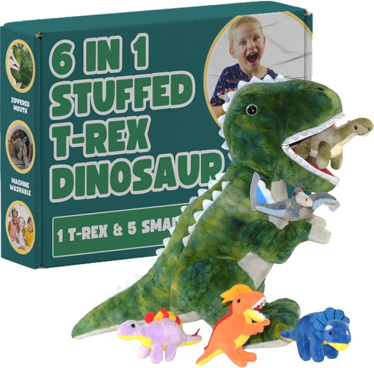 DreamsBe Dino Plush T-Rex and 5 Little Dinosaurs for Kids