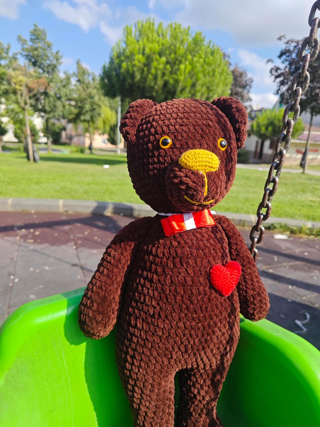 Handmade Crochet Teddy Bear - Brown Plush Toy with Heart and Ribbon 1