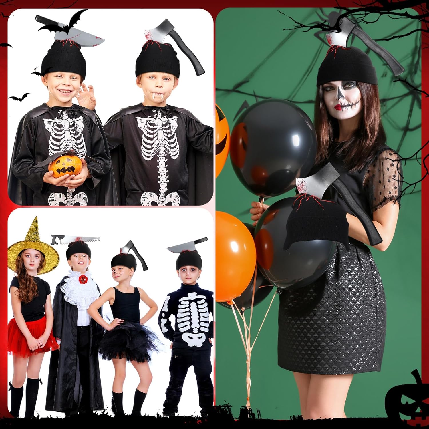 Suhine 3 Pcs Halloween Zombie Knife Hat with Blood