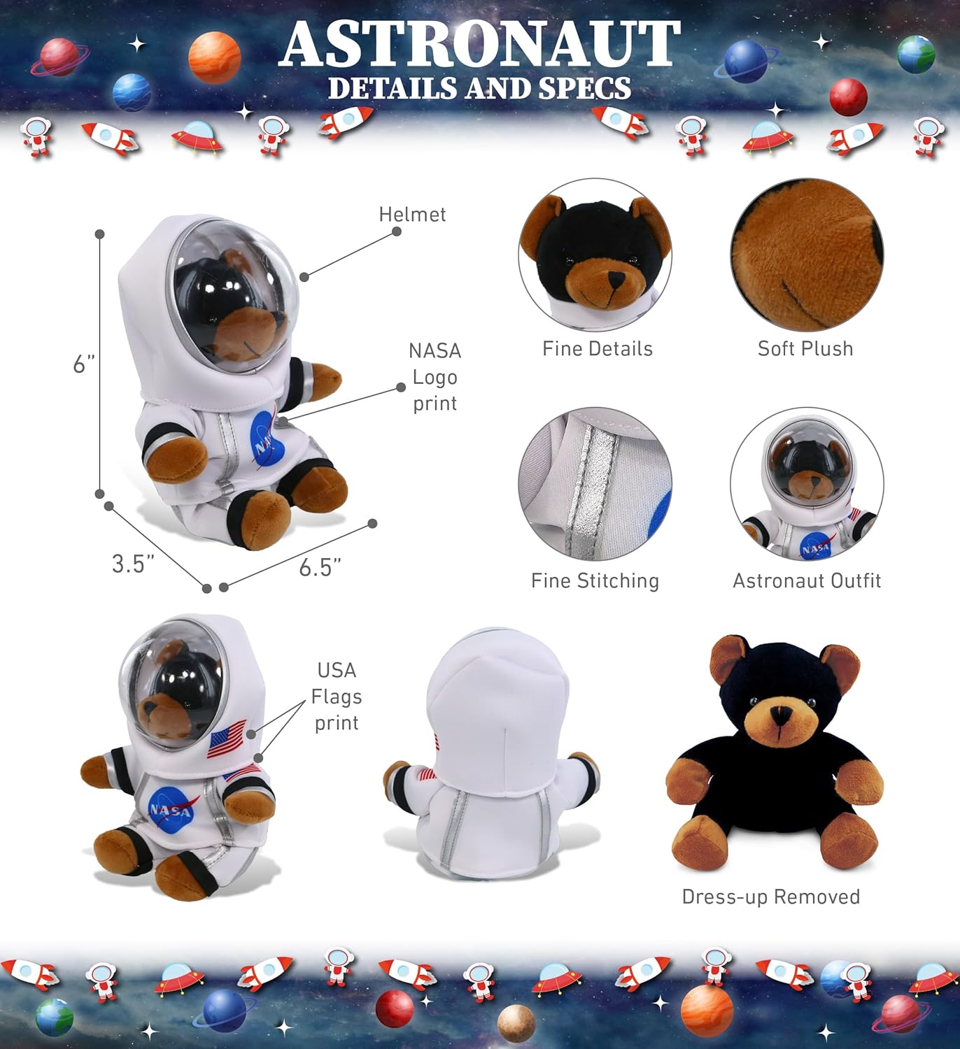 DolliBu Black Bear Astronaut Plush Toy - 6 Inches