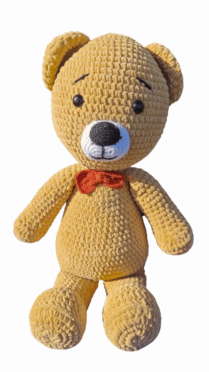 Handmade Crochet Plush Bear Toy Soft Brown Teddy with Bow Tie