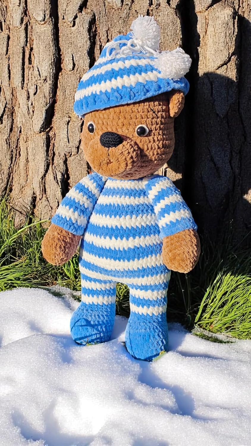 Handmade Crochet Blue Teddy Bear with Removable Hat