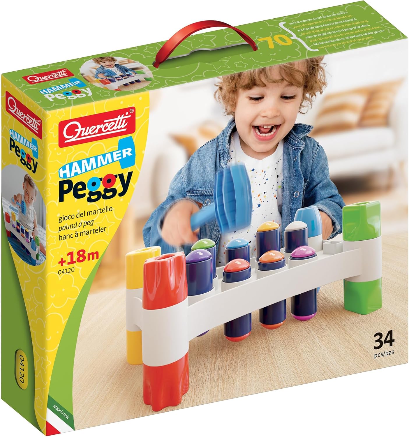 Quercetti Hammer Peggy Peg Pounding Bench Toy for Toddlers 18mo 1