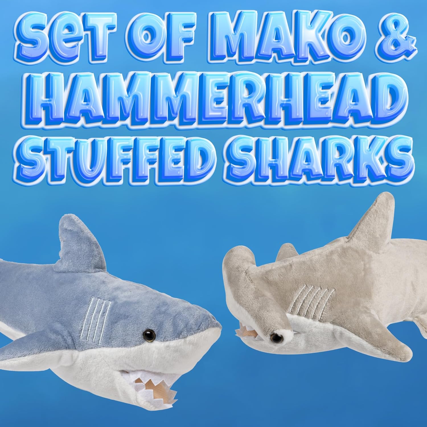 Bedwina Stuffed Animal Sharks - Pack of 2 14 Mako 13 Hammerhead Plush Toys