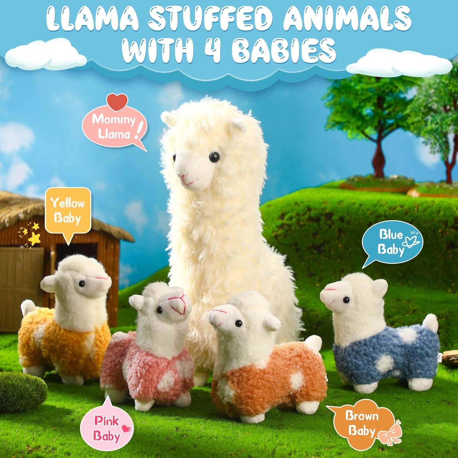 Civaner Llama Plush Set with 4 Baby Llamas Soft Kawaii Stuffed Animal Gift