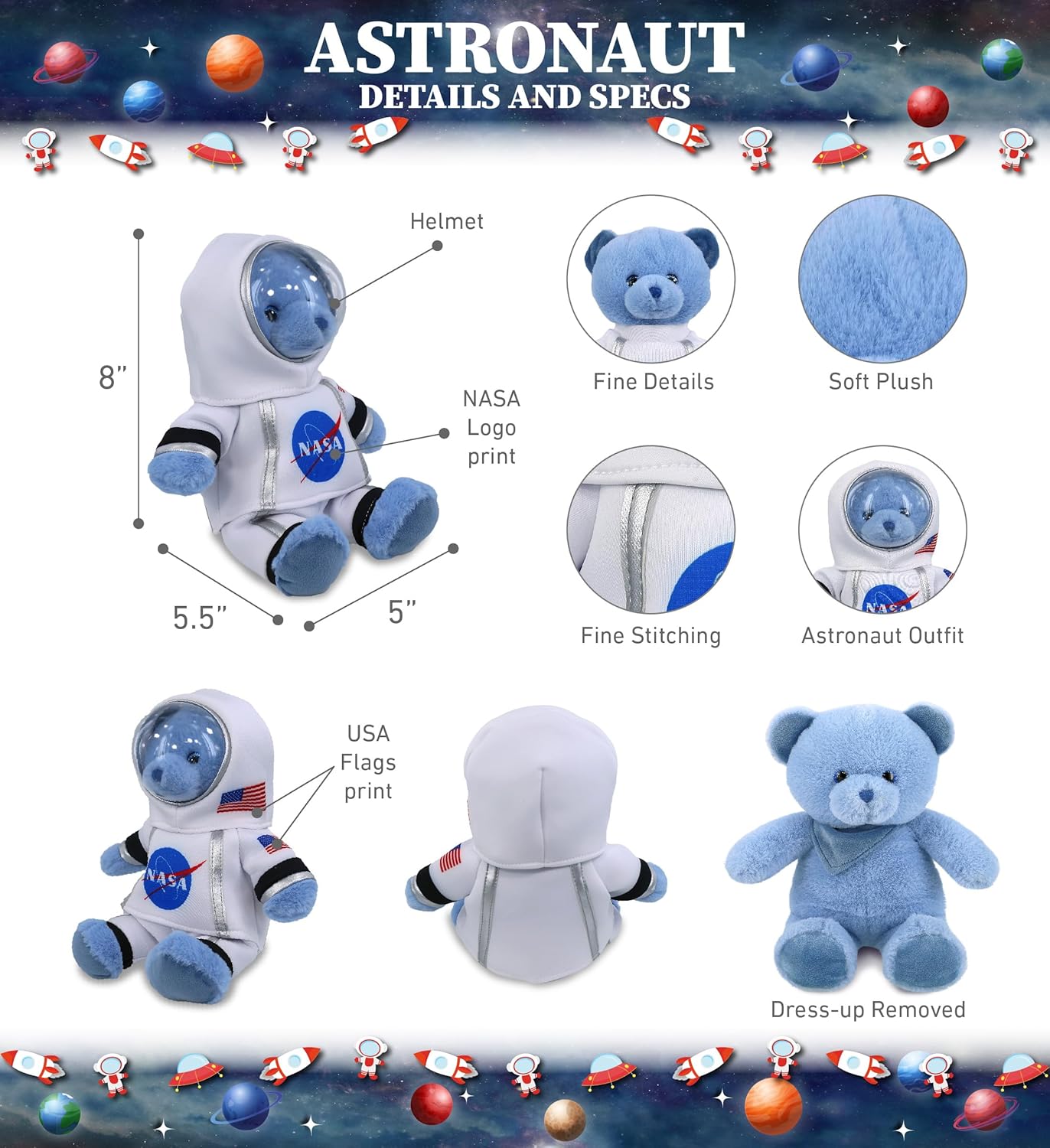 DolliBu Baby Blue Bear Astronaut Plush - 8 Inch Personalized