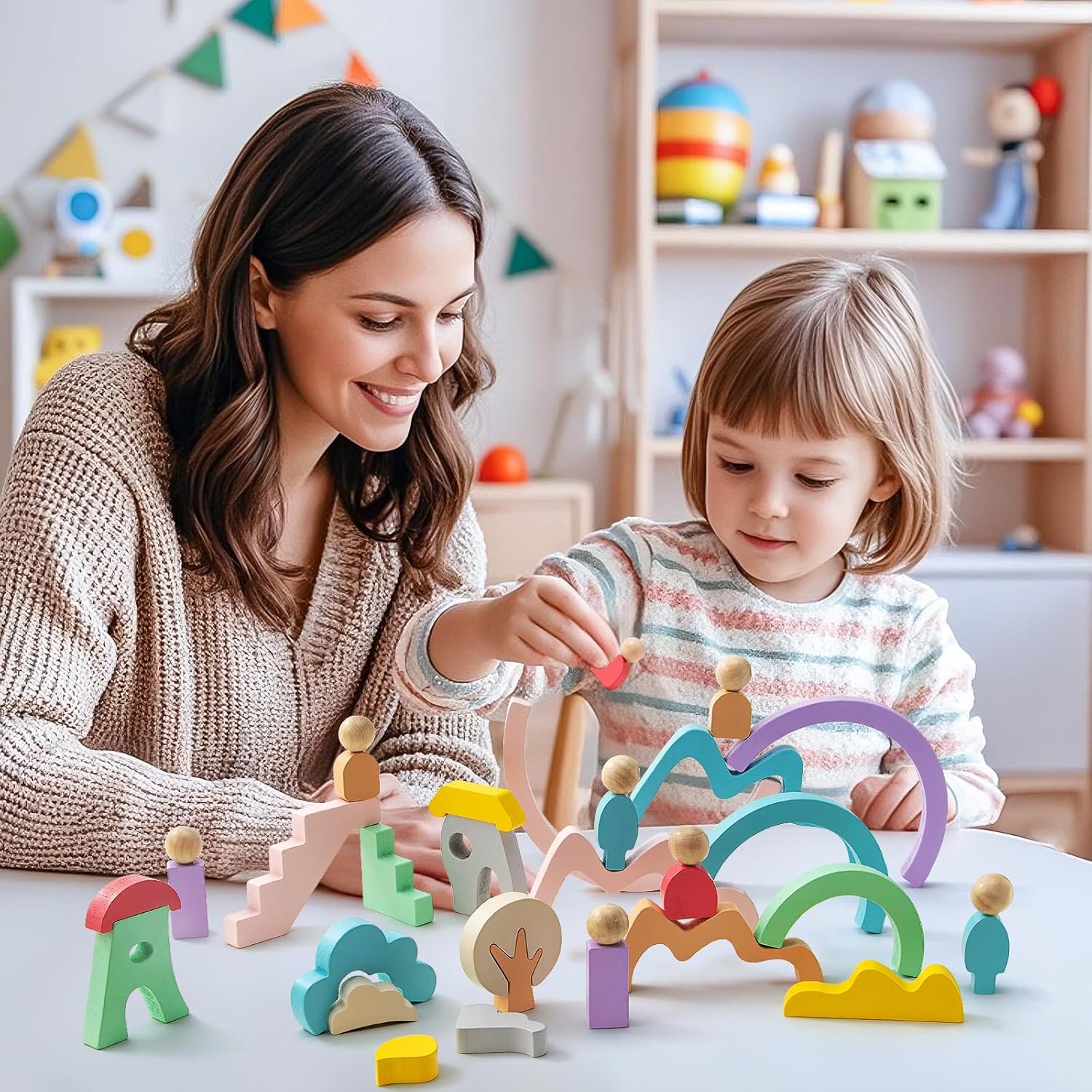 Lewo Wooden Stacking Blocks for Toddlers 46 Pcs
