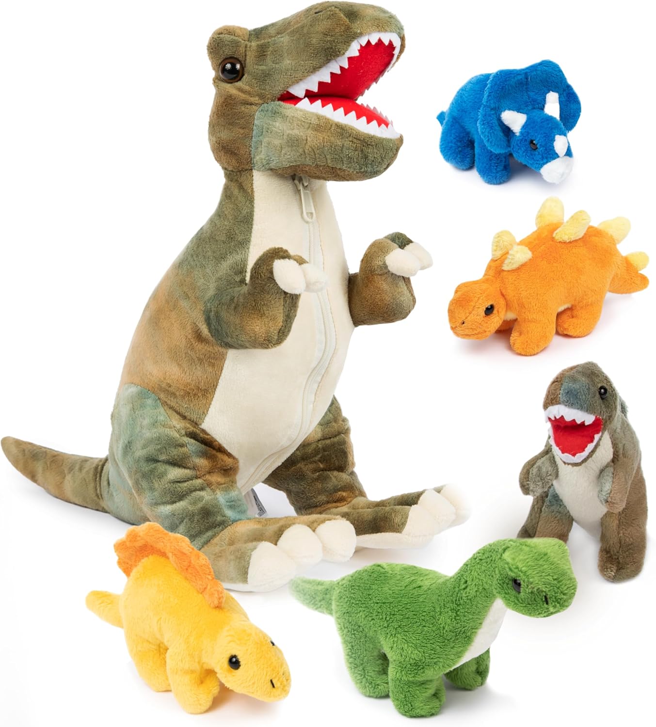 PREXTEX Dinosaur Plush Set - T-Rex and 5 Zipped Baby Dinosaurs
