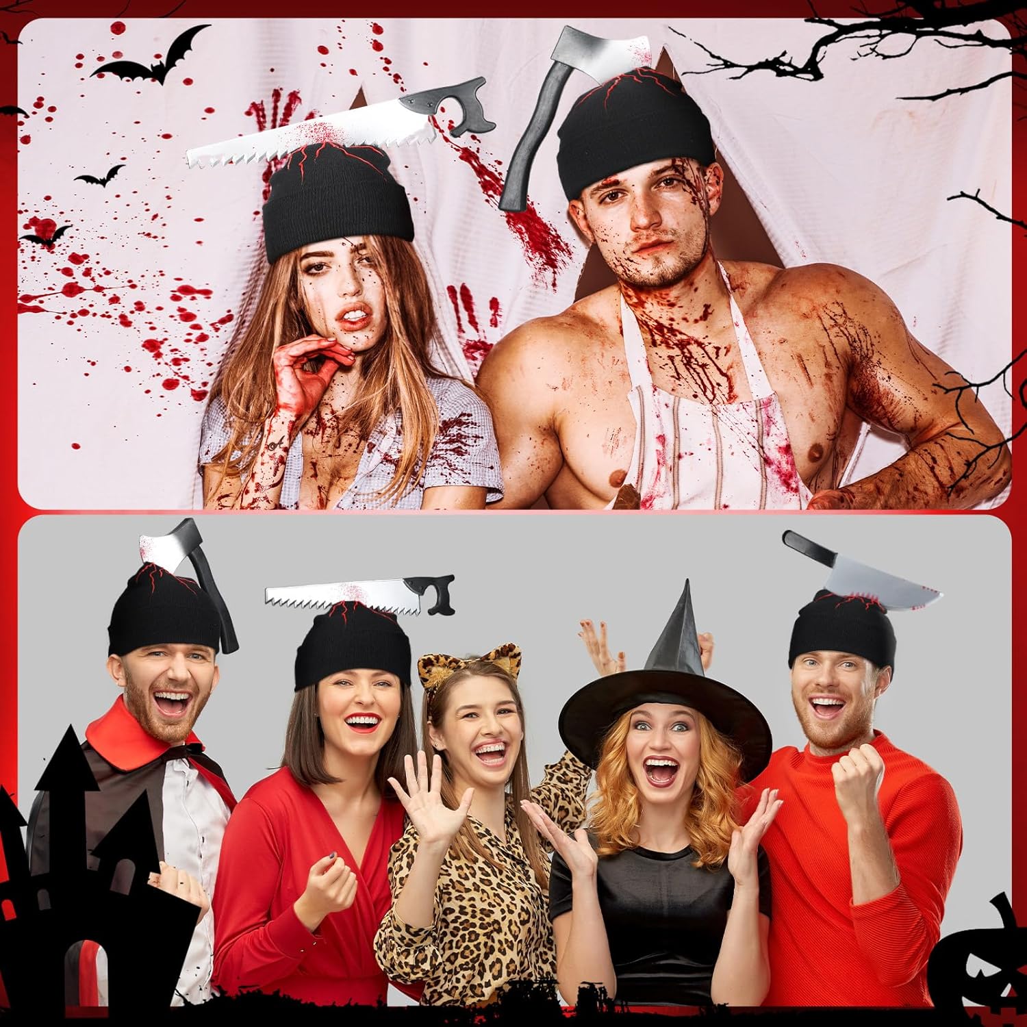 Suhine 3 Pcs Halloween Zombie Knife Hat with Blood