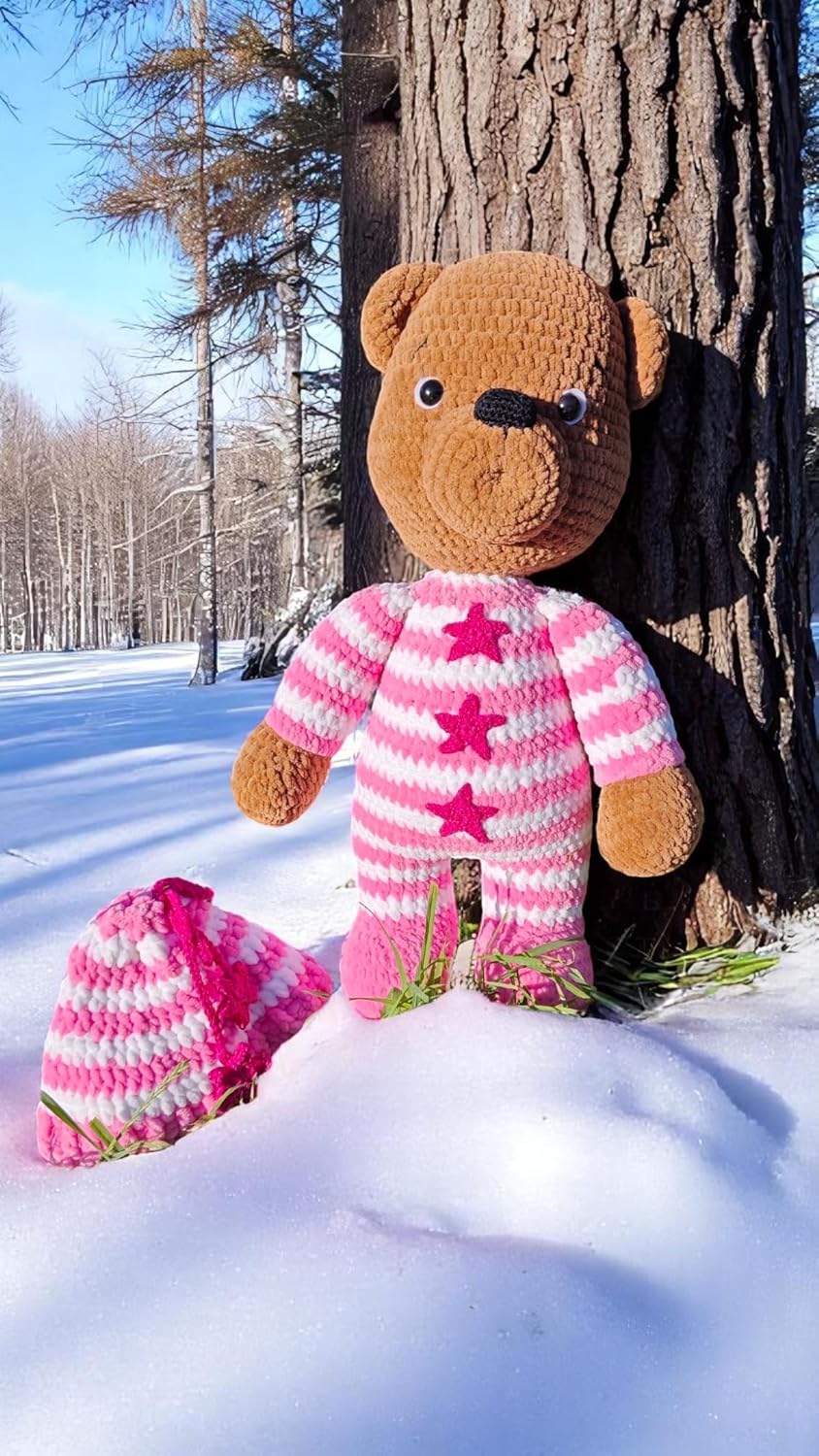 Handmade Crochet Teddy Bear Pink Outfit Plush Stuffed Toy