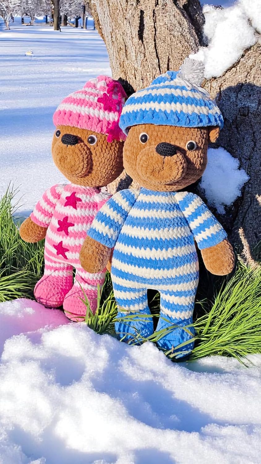 Handmade Crochet Blue Teddy Bear with Removable Hat