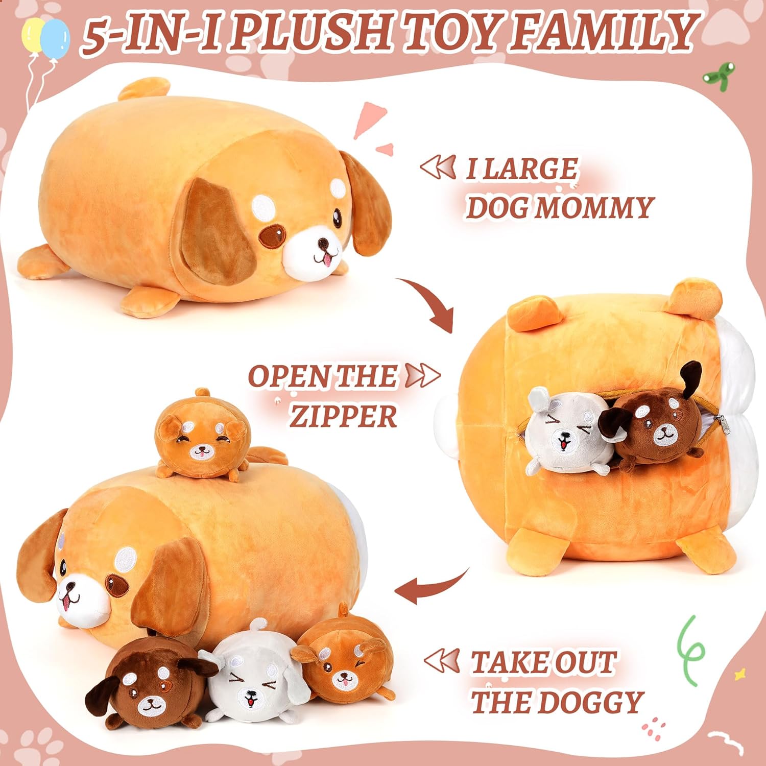 Corgi Plush Pillow with 4 Baby Dogs Inside - 5PCS