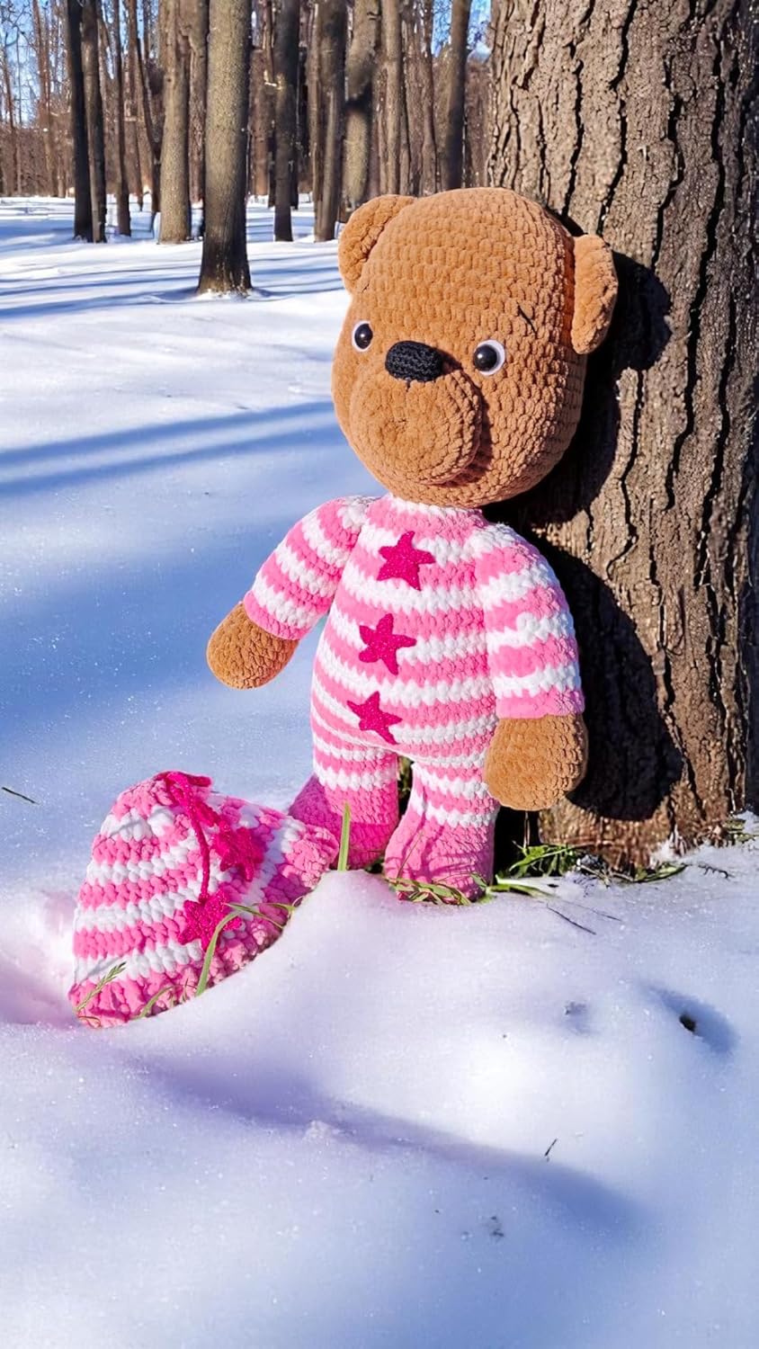 Handmade Crochet Teddy Bear Pink Outfit Plush Stuffed Toy