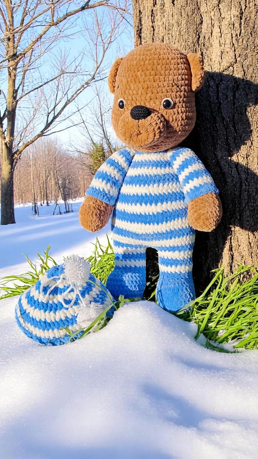 Handmade Crochet Blue Teddy Bear with Removable Hat