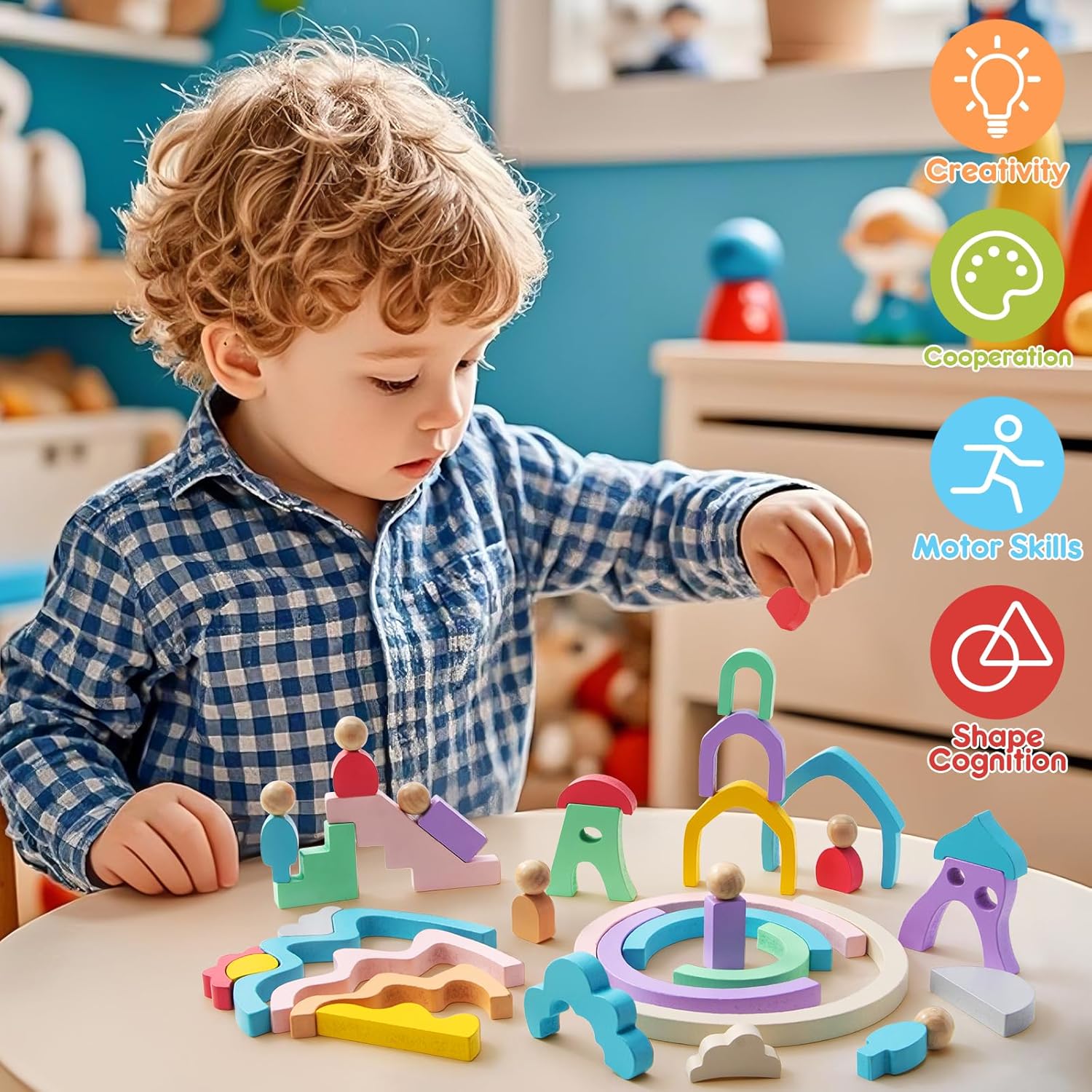 Lewo Wooden Stacking Blocks for Toddlers 46 Pcs