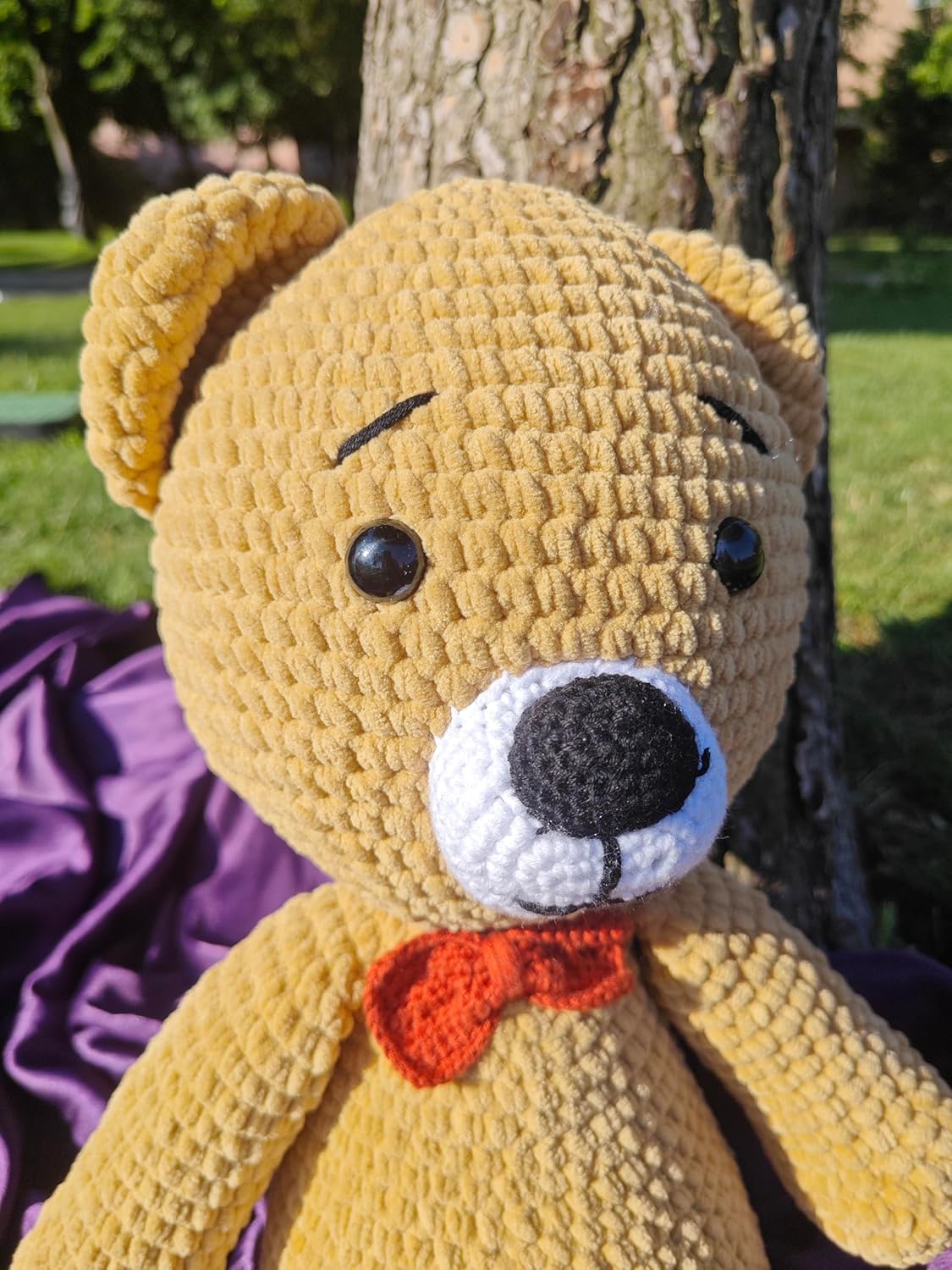 Handmade Crochet Plush Bear Toy Soft Brown Teddy with Bow Tie