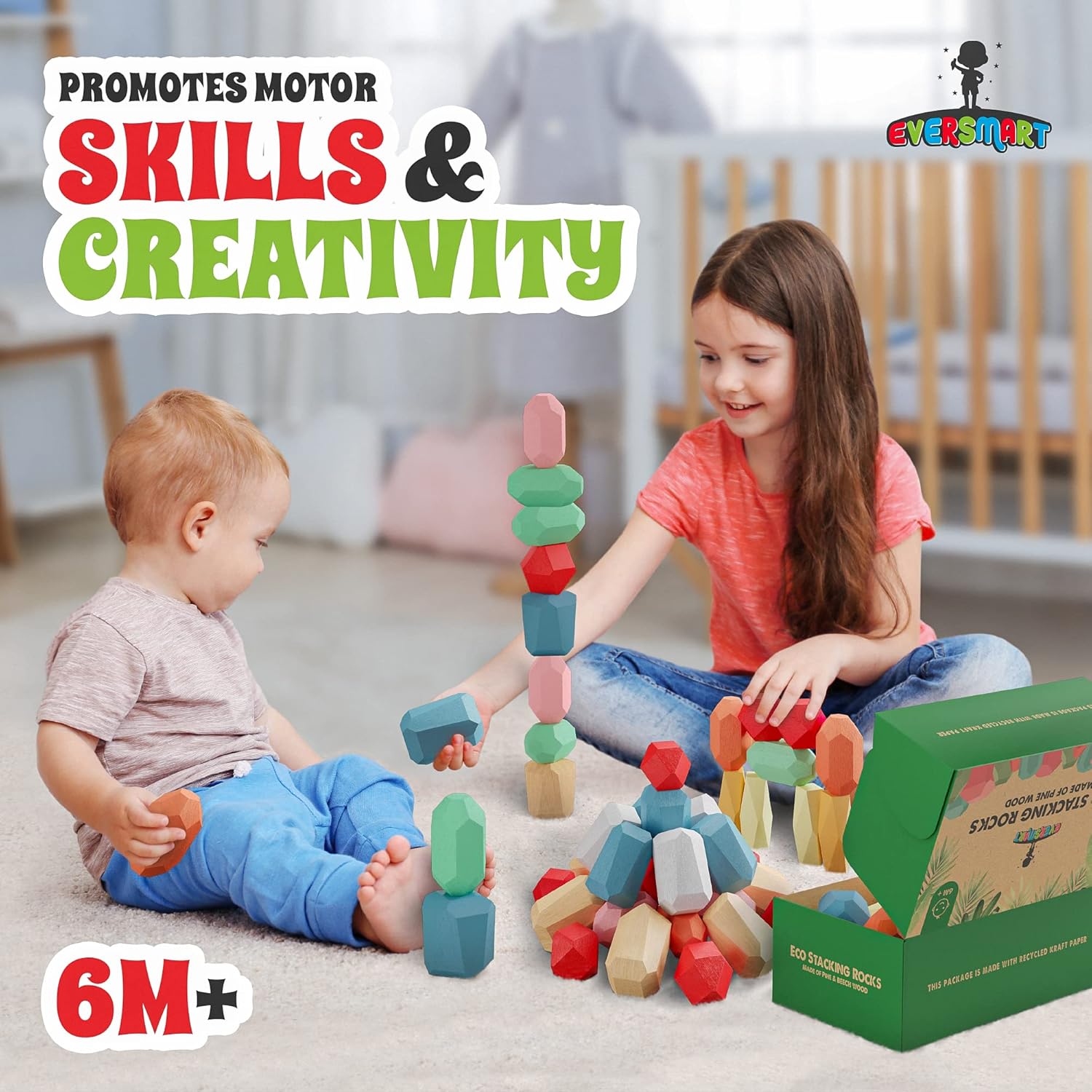 EVERSMART Wooden Stacking Blocks for Kids 1-6 Years