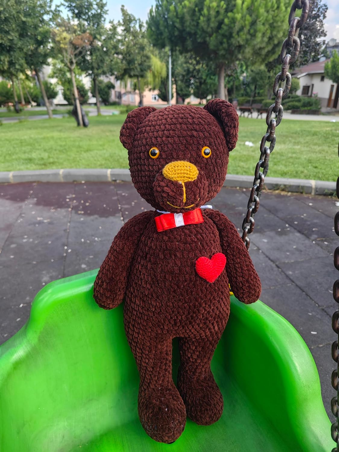 Handmade Crochet Teddy Bear - Brown Plush Toy with Heart and Ribbon 1