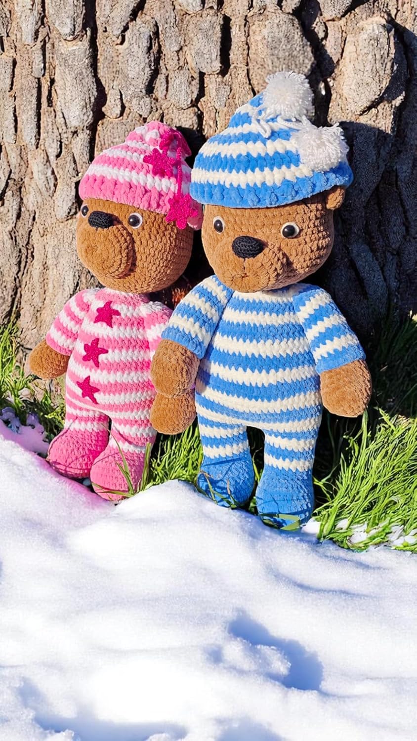 Handmade Crochet Blue Teddy Bear with Removable Hat