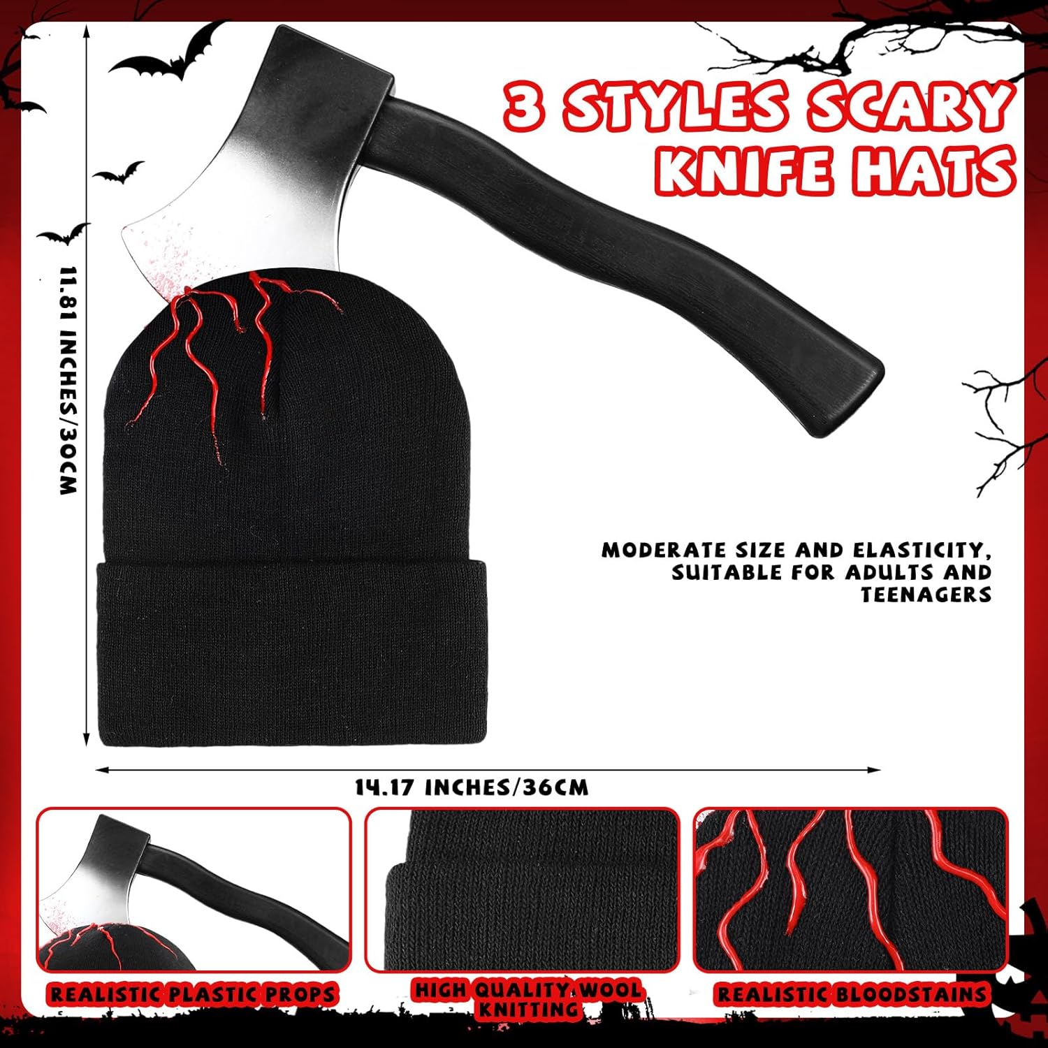 Suhine 3 Pcs Halloween Zombie Knife Hat with Blood