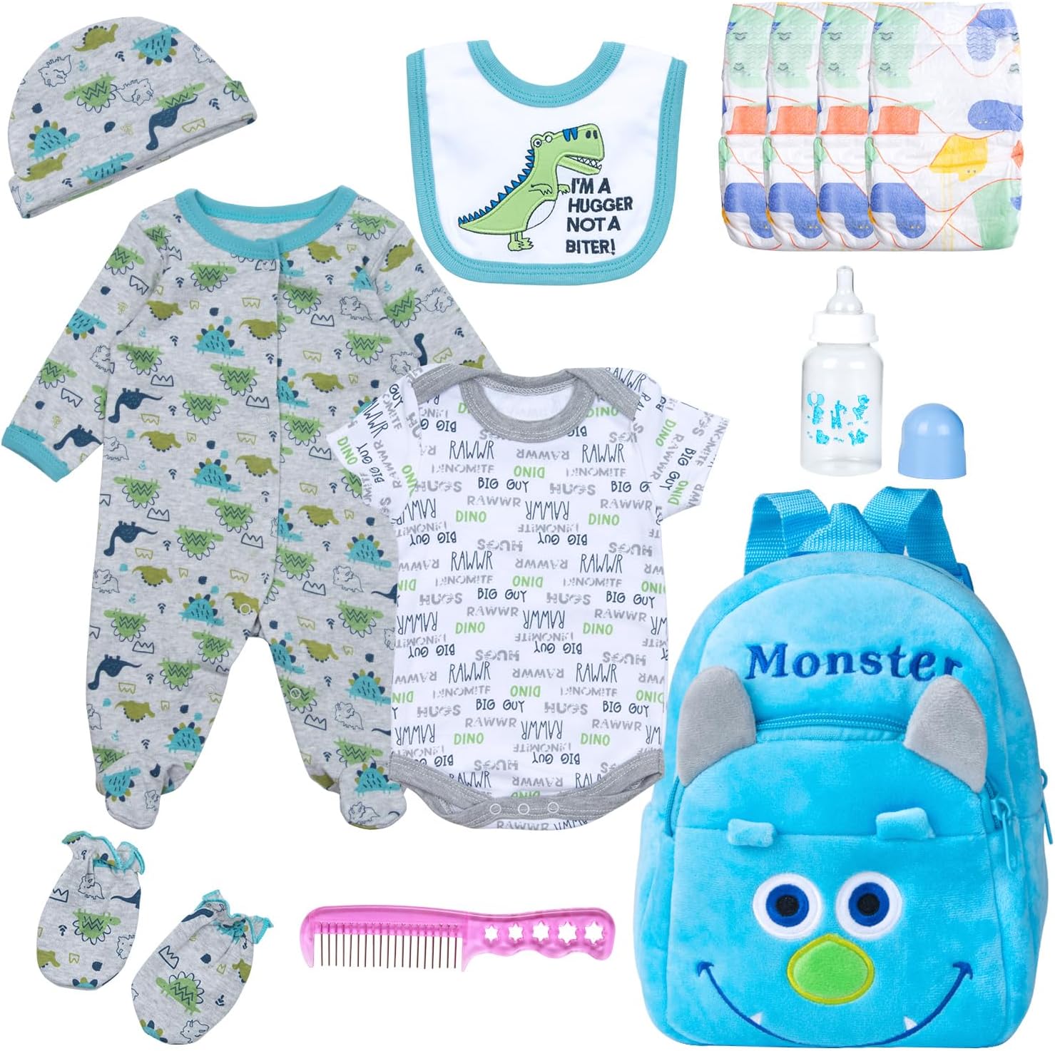 Pedolltree 12 Pcs Blue Dinosaur Reborn Baby Doll Clothes Set