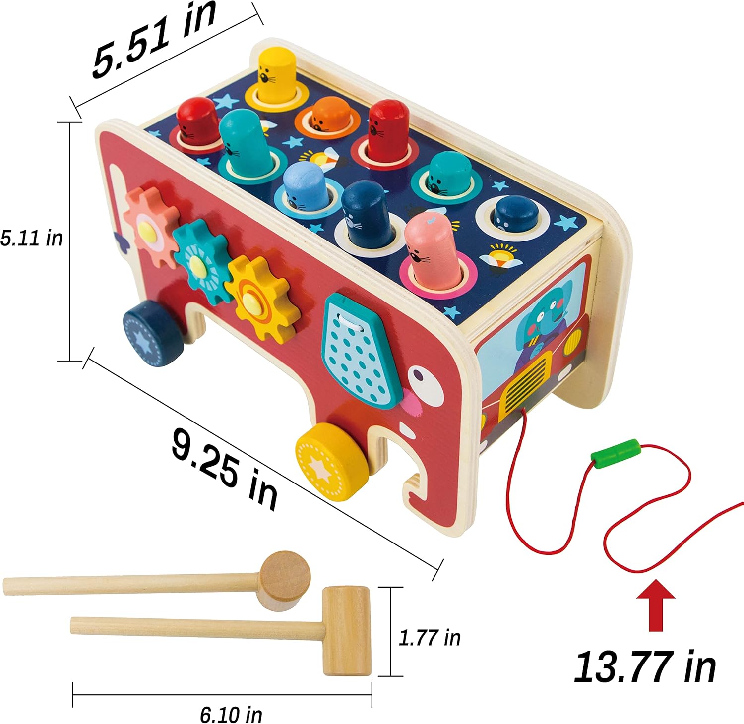 Evmark Wooden Hammer Knocker Toy - Elephant On Wheels with Counting and Whacking
