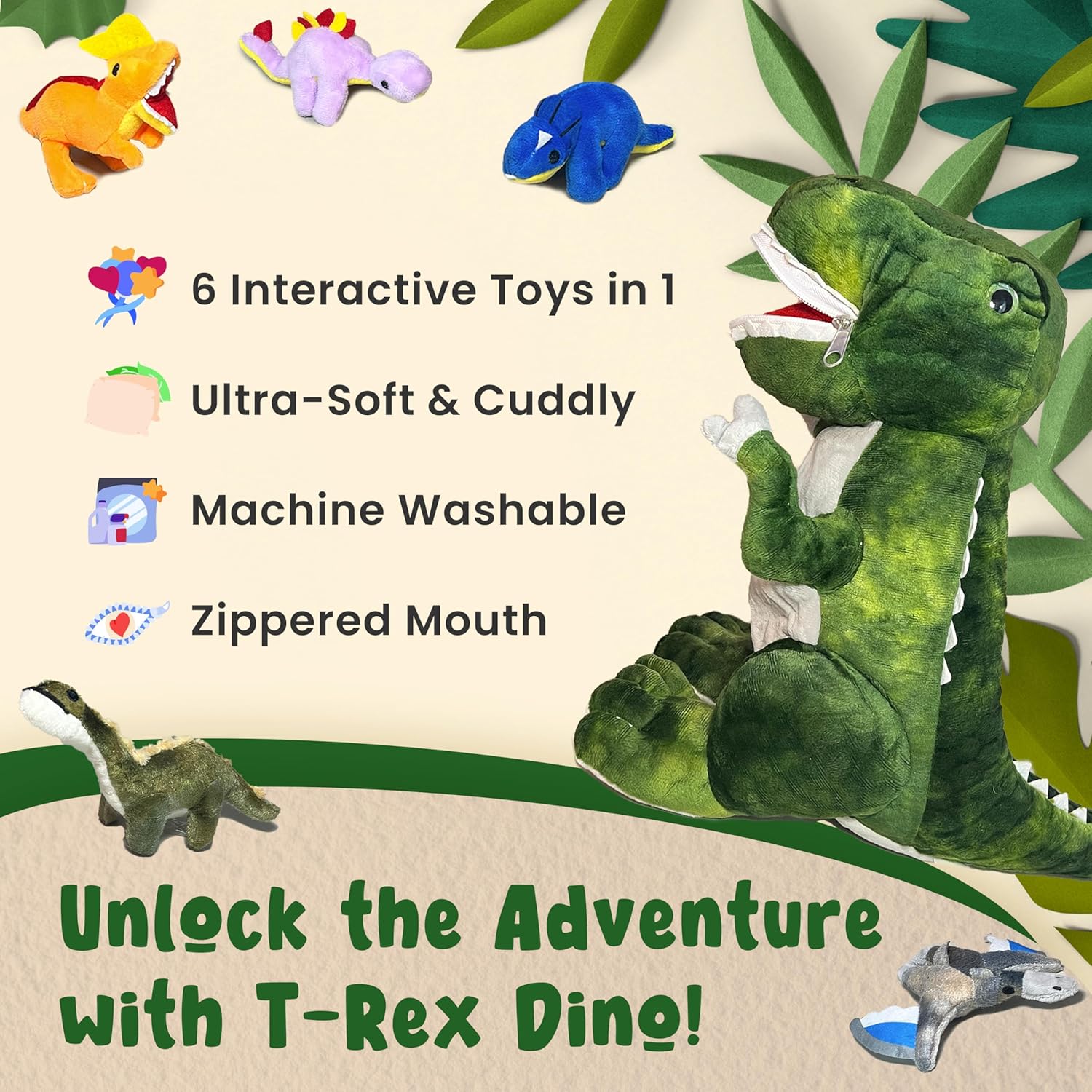 DreamsBe Dino Plush T-Rex and 5 Little Dinosaurs for Kids