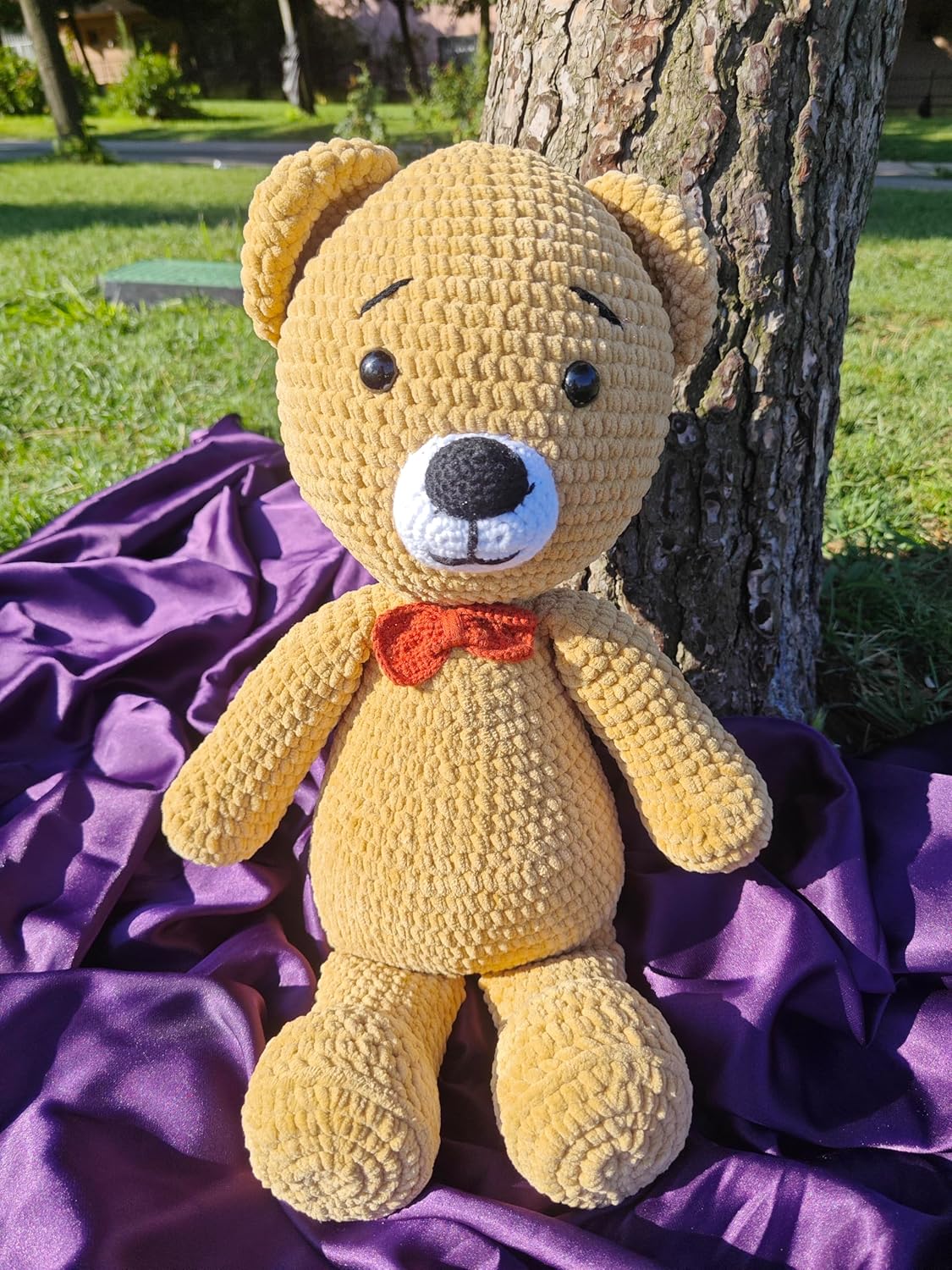 Handmade Crochet Plush Bear Toy Soft Brown Teddy with Bow Tie