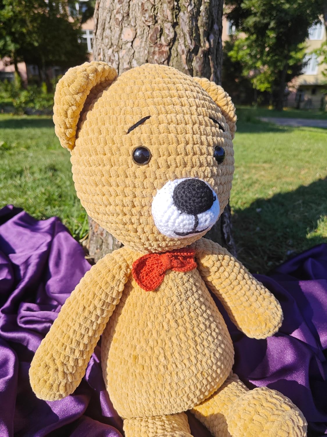 Handmade Crochet Plush Bear Toy Soft Brown Teddy with Bow Tie