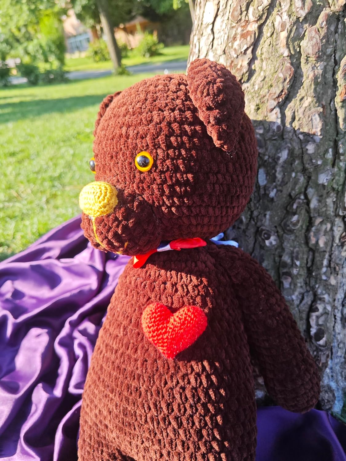 Handmade Crochet Teddy Bear - Brown Plush Toy with Heart and Ribbon 1