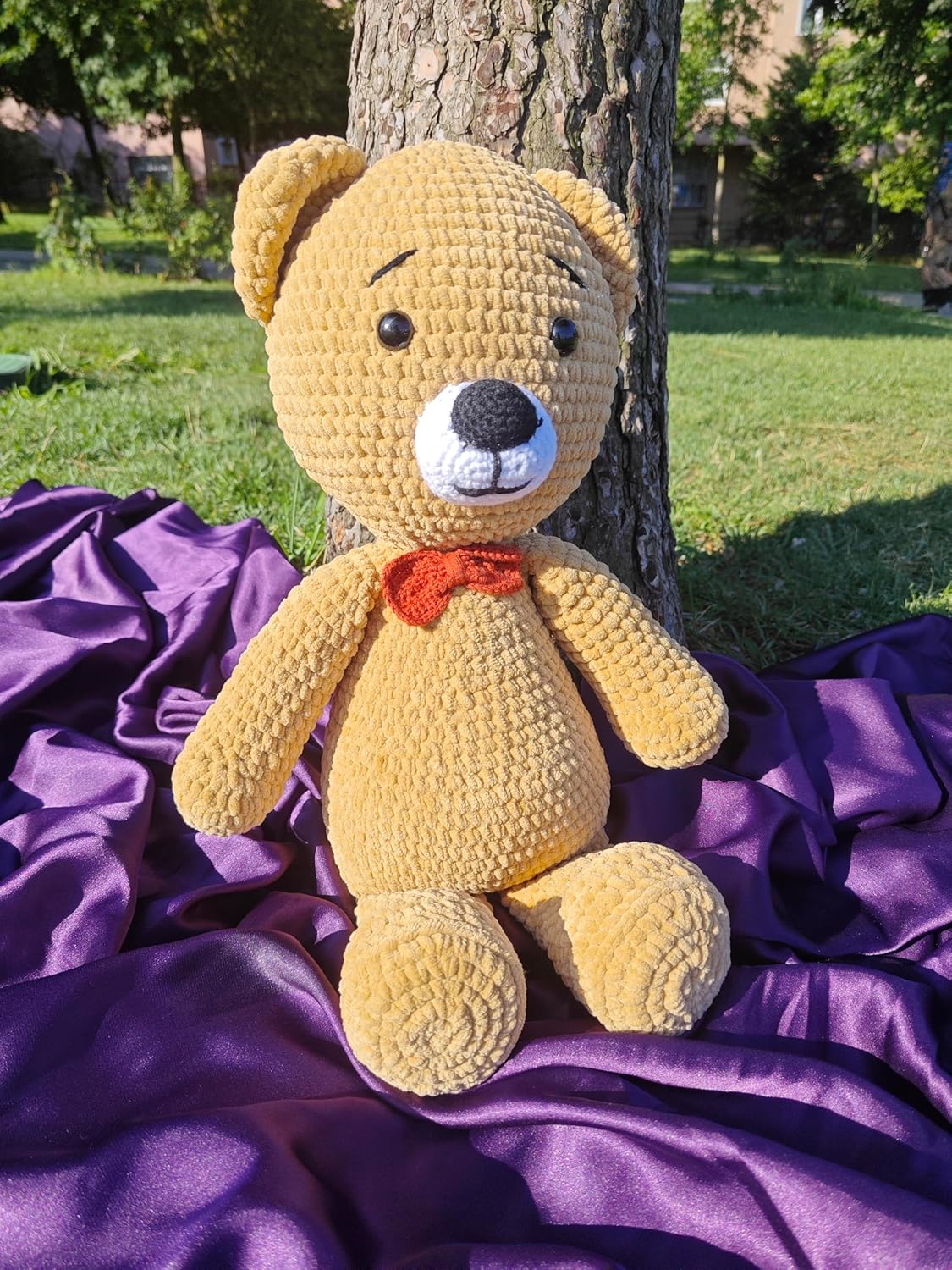 Handmade Crochet Plush Bear Toy Soft Brown Teddy with Bow Tie